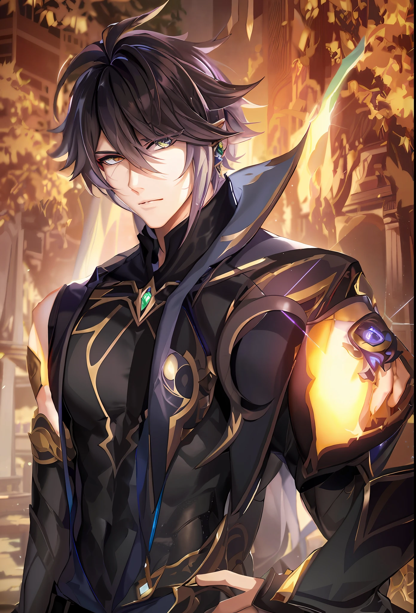 a close up of a person in a suit with a sword, shadowverse style, keqing from genshin impact, beautiful male elf, handsome guy in demon slayer art, thancred waters in style of wlop, key anime art, casimir art, shadowverse character concept, beautiful androgynous prince, zhongli from genshin impact, shadowverse