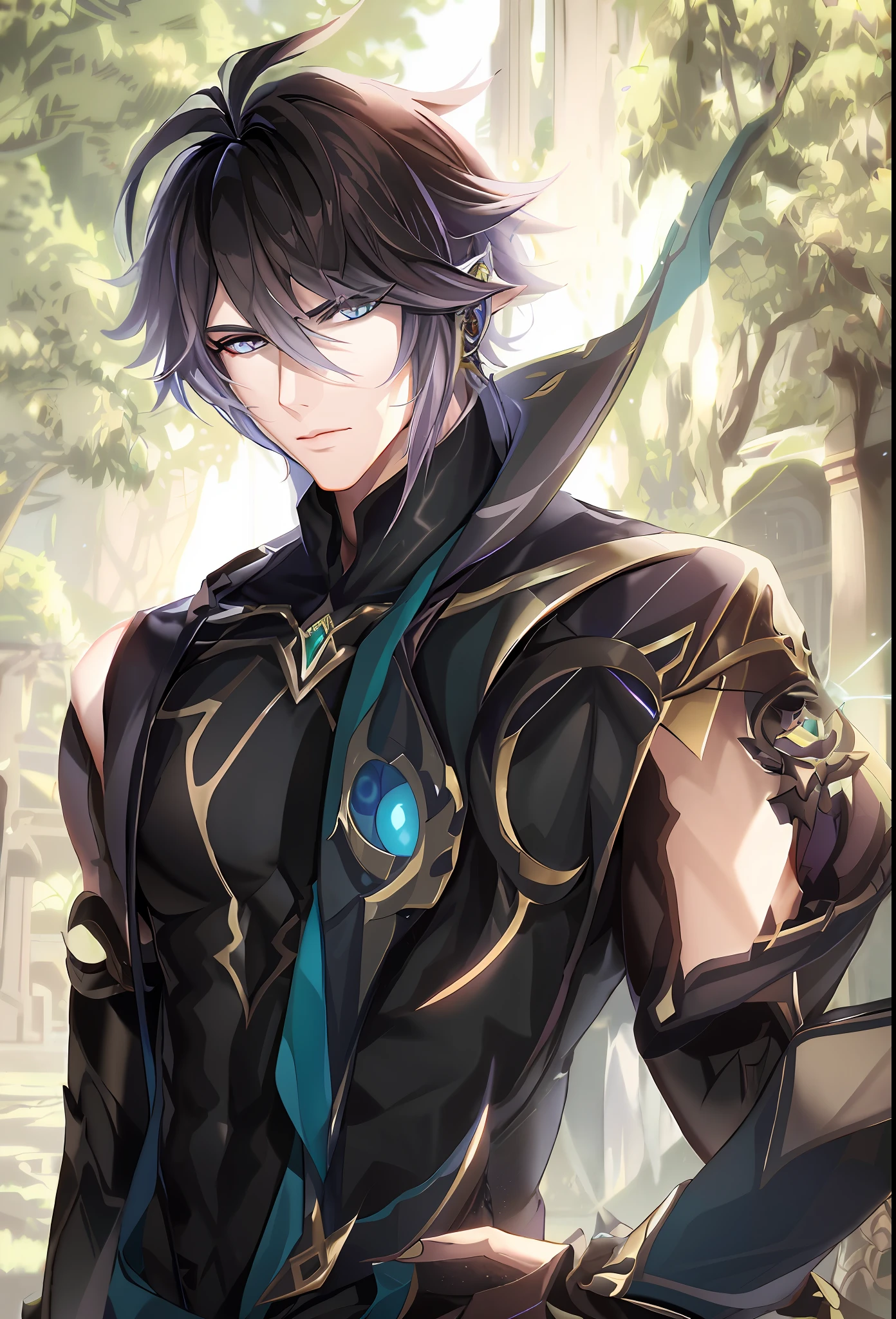 a close up of a person in a suit with a sword, shadowverse style, keqing from genshin impact, beautiful male elf, handsome guy in demon slayer art, thancred waters in style of wlop, key anime art, casimir art, shadowverse character concept, beautiful androgynous prince, zhongli from genshin impact, shadowverse