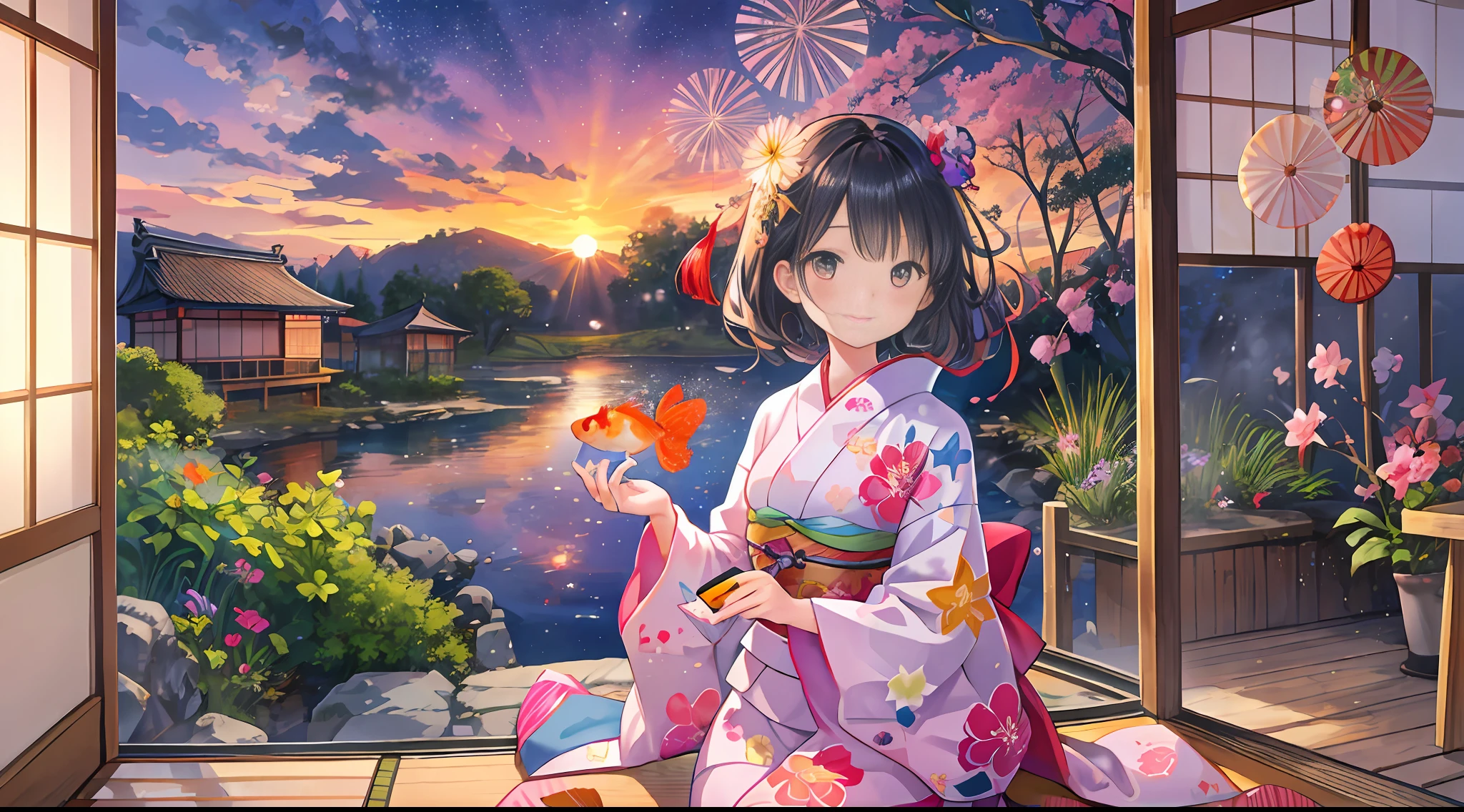 Beautiful illustrations, top quality, vivid colors, cute girls, yukata pattern is morning glory, black hair, sunset, fireworks, goldfish, bubbles, outdoors, fan, sun flame, traditional Japan Japanese atmosphere.