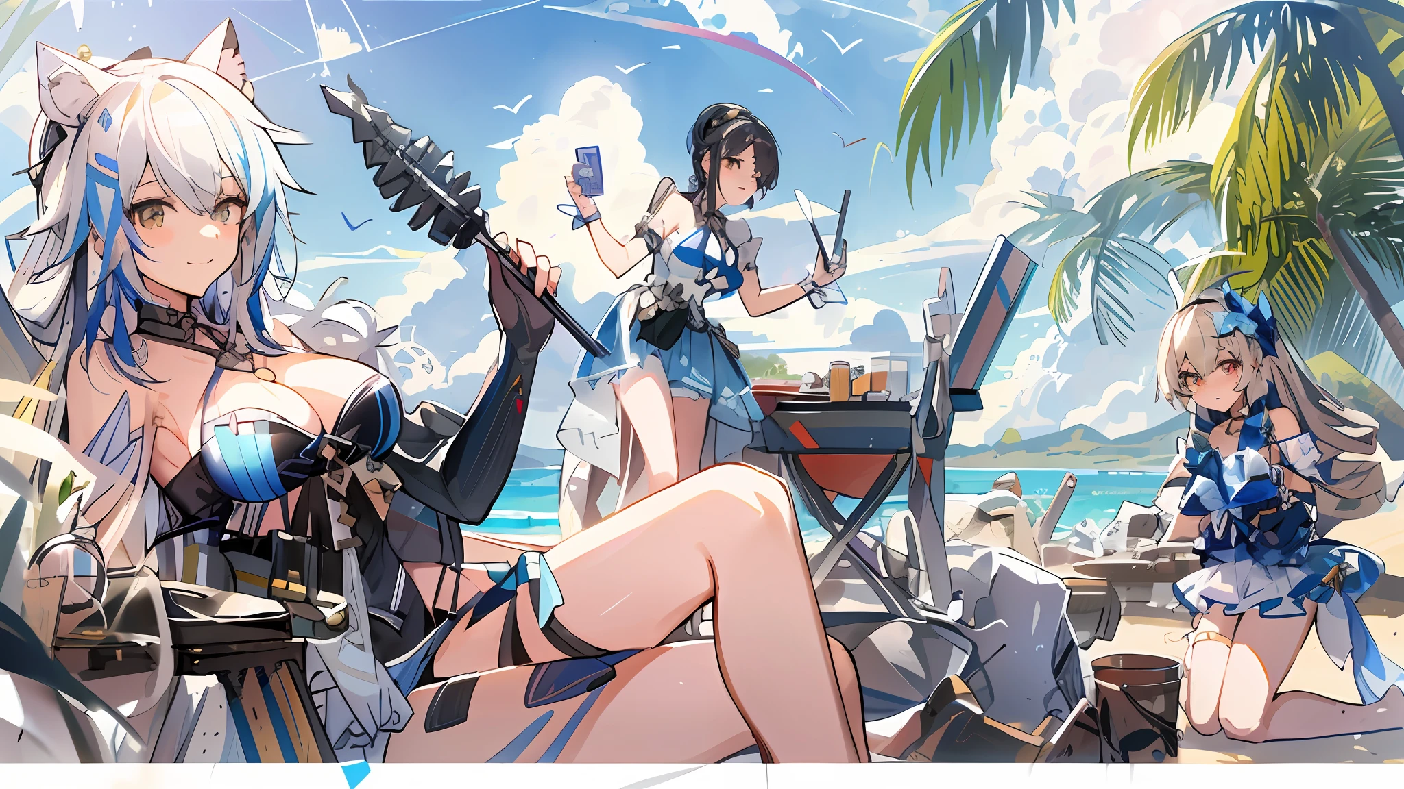 anime girls in bikinis on a beach with a boat in the background, azur lane style, from the azur lane videogame, characters from azur lane, trending on cgstation, kantai collection style, fine details. girls frontline, from girls frontline, pixiv 3dcg, cushart krenz key art feminine, kawacy