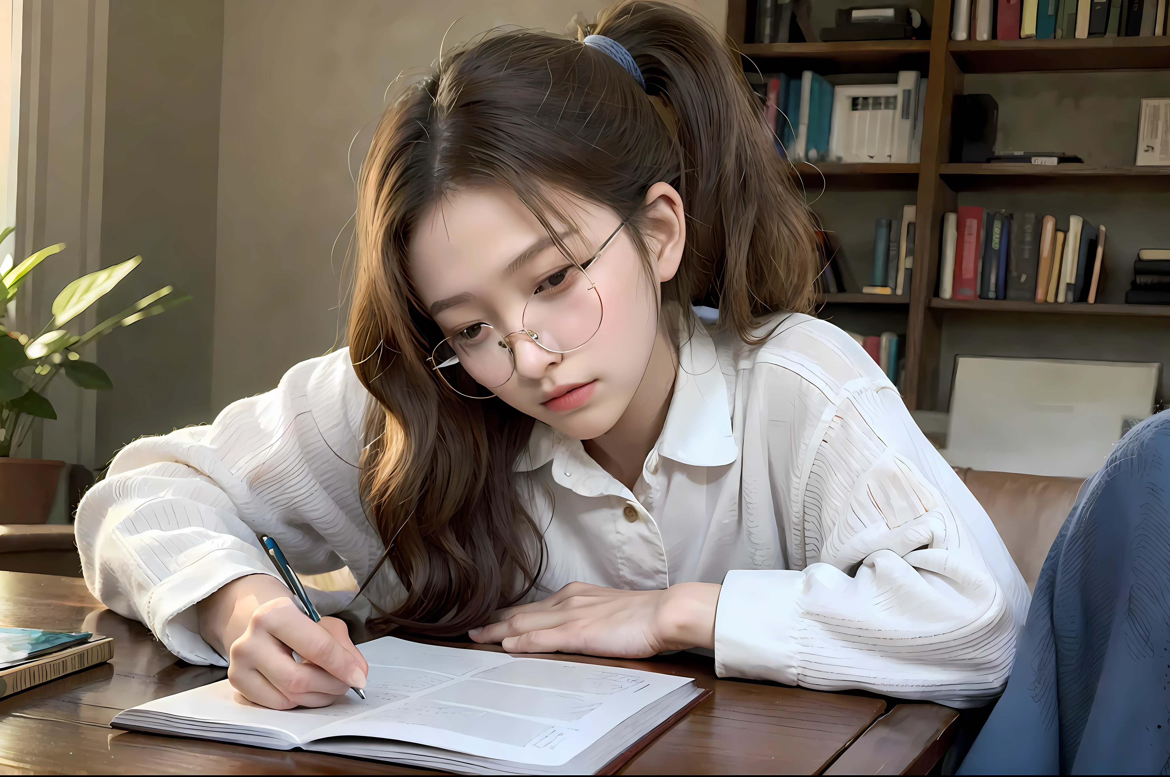 ((photoraelistic)), (masterpiece), (best quality), (intricate detailed), 1girl, glasses, closed eyes, curly ponytail hair, head up thinking,BREAK, (wearing white shirt, opened button), medium_breasted, hand lying on table, hold a pencil, BREAK,opened book,
books, , studying, dynamic light, warm light, living room