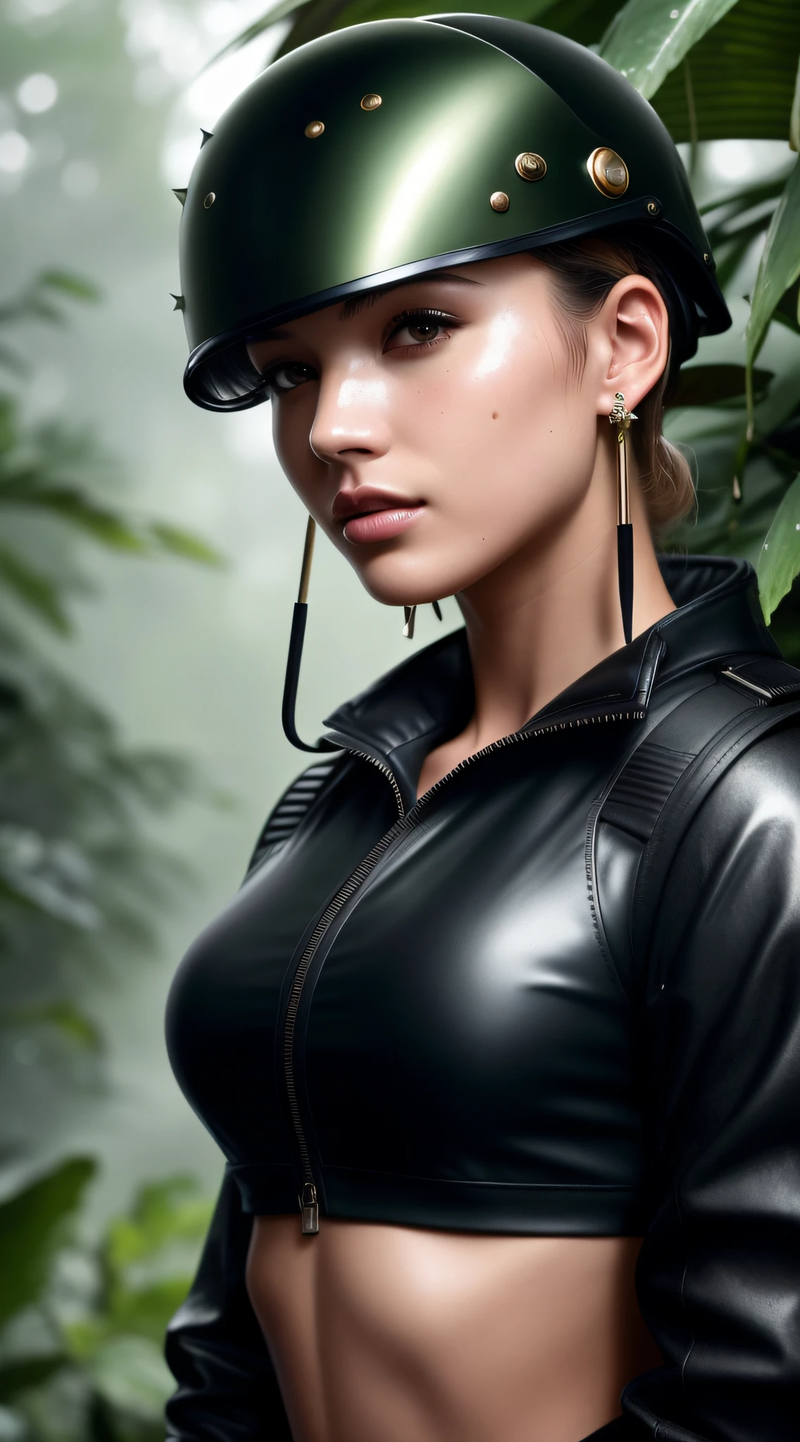 (thin: 1.3) Portrait of a female jungle commando, (blonde: 1.1), (shaved head: 1.35), black, (earrings, spikes, helmet, zippered sunglasses: 1.2), (wet: 1.2), (military equipment: 1.3) dark, gritty, gloomy, militaristic, (looking_at_ viewer: 1.3), Solo, Rainy Day, Bokeh, Dramatic Lightning, (Jungle Background: 1.2), ABS, Very Detailed, Masterpiece, Best Quality, 8k, (Oily Skin, Cell Shadow: 1.3), Color Line Drawings, (Art by Maciej Kuciara: 1.15), Art by Greg Rutkowski