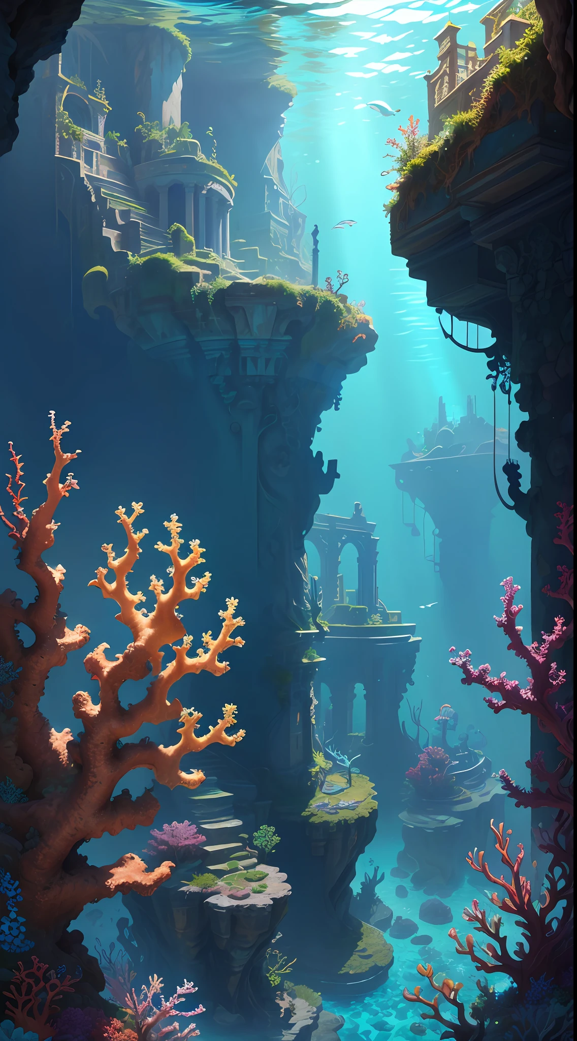 The underwater world of Atlantis, deep sea, epic reality, (hdr: 1.4), dappled sunlight, cool colors, ancient ruins, ocean-type houses full of design sense, deep-sea creatures, coral, fantastic and incredible, epic composition , (Complicated Detail), (Complicated Detail, Ultra Detail: 1.2), Art Station, (Masterpiece, Best Quality) --v 6