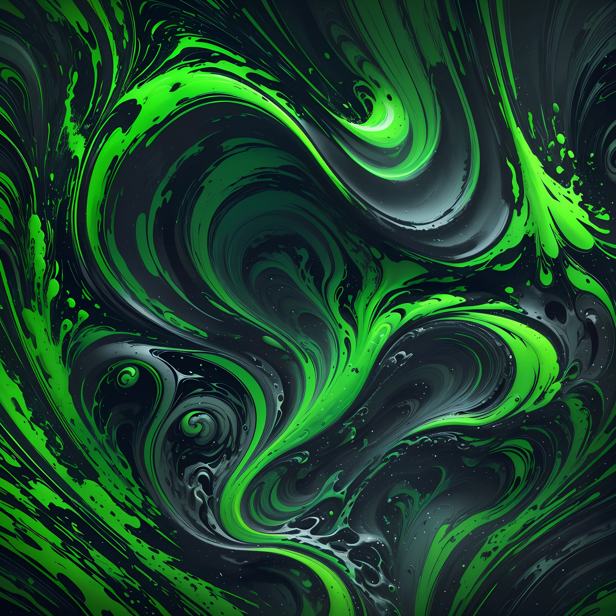 a close up of a green and black liquid swirl on a black background, liquid simulation background, abstract liquid, dark neon colored universe, turbulent alien vivid landscape, black fluid simulation, splashes of neon clouds, swirly liquid fluid abstract art, liquid marble fluid painting, swirling liquids, digital art 4k unsettling, vibrant neon inks painting