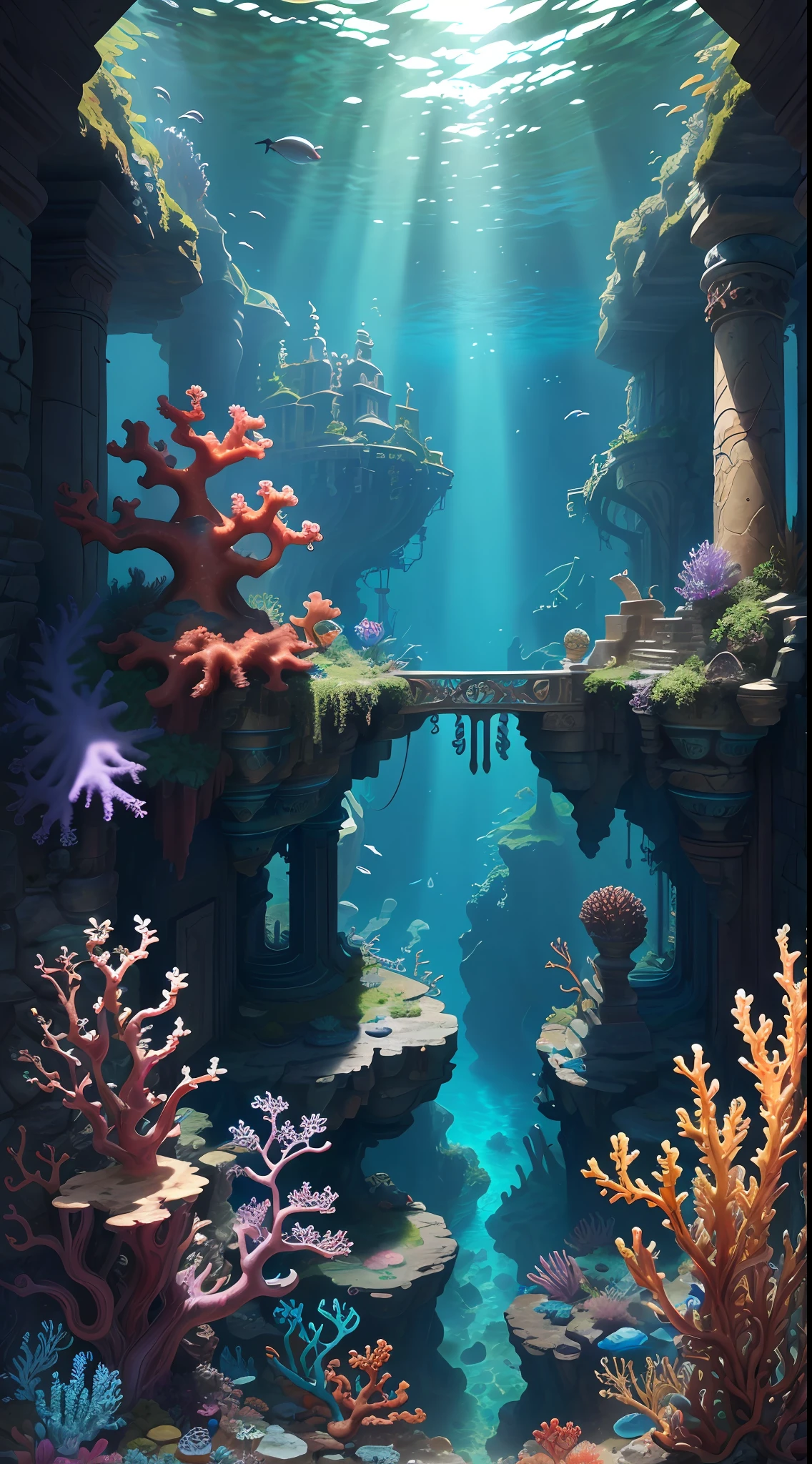 The underwater world of Atlantis, deep sea, epic reality, (hdr: 1.4), dappled sunlight, cool colors, ancient ruins, ocean-type houses full of design sense, deep-sea creatures, coral, fantastic and incredible, epic composition , (Complicated Detail), (Complicated Detail, Ultra Detail: 1.2), Art Station, (Masterpiece, Best Quality) --v 6