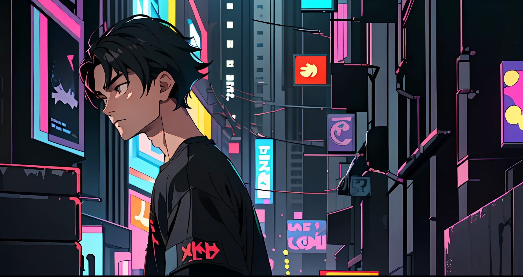 (best quality, masterpiece), 1boy, blurred background, modern, skz Hyunjin, black hair, short hair, dark eyes, man, guy, scratch on the face, look at the viewer, cute, in home clothes, sleepy, tired, cyberpunk without bright colors, regular colors, black t-shirt, standing upright