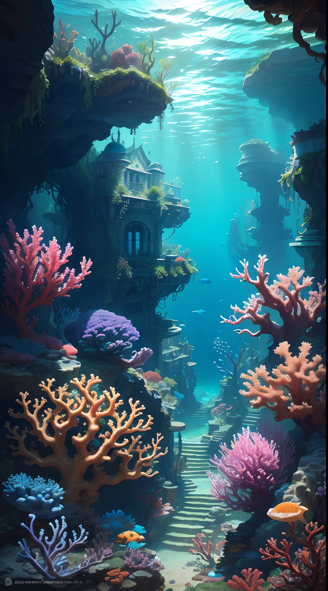The underwater world of Atlantis, deep sea, epic reality, (hdr: 1.4), dappled sunlight, cool colors, ancient ruins, ocean-type houses full of design sense, deep-sea creatures, coral, fantastic and incredible, epic composition , (Complicated Detail), (Complicated Detail, Ultra Detail: 1.2), Art Station, (Masterpiece, Best Quality) --v 6