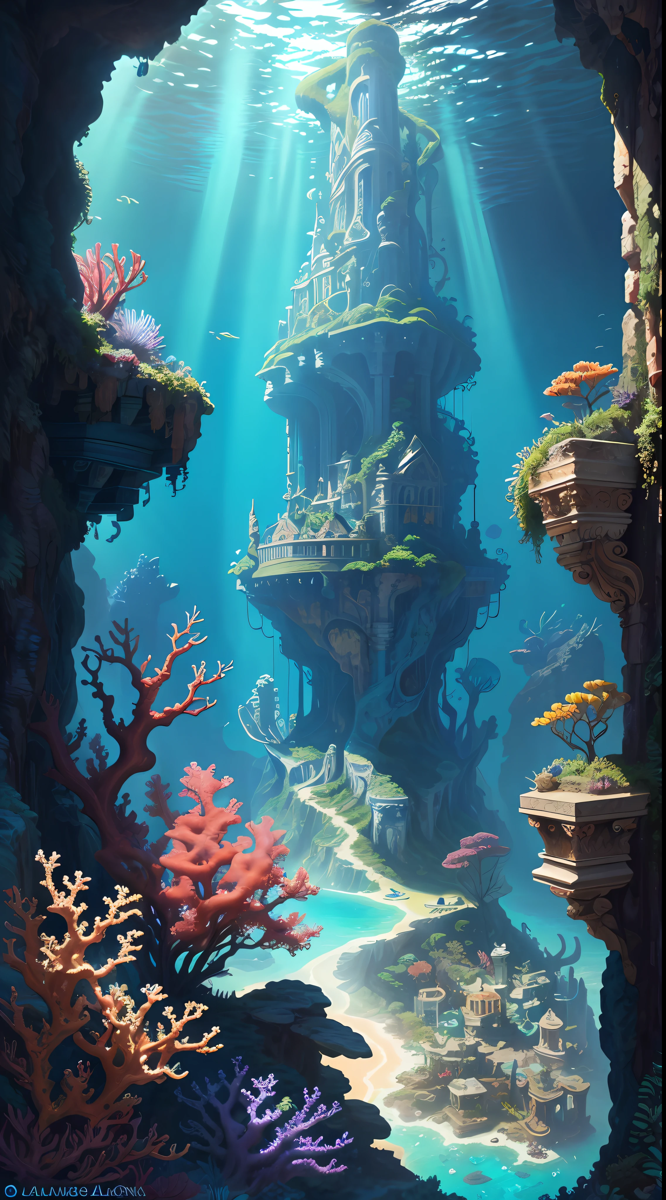 The underwater world of Atlantis, deep sea, epic reality, (hdr: 1.4), dappled sunlight, cool colors, ancient ruins, ocean-type houses full of design sense, deep-sea creatures, coral, fantastic and incredible, epic composition , (Complicated Detail), (Complicated Detail, Ultra Detail: 1.2), Art Station, (Masterpiece, Best Quality) --v 6