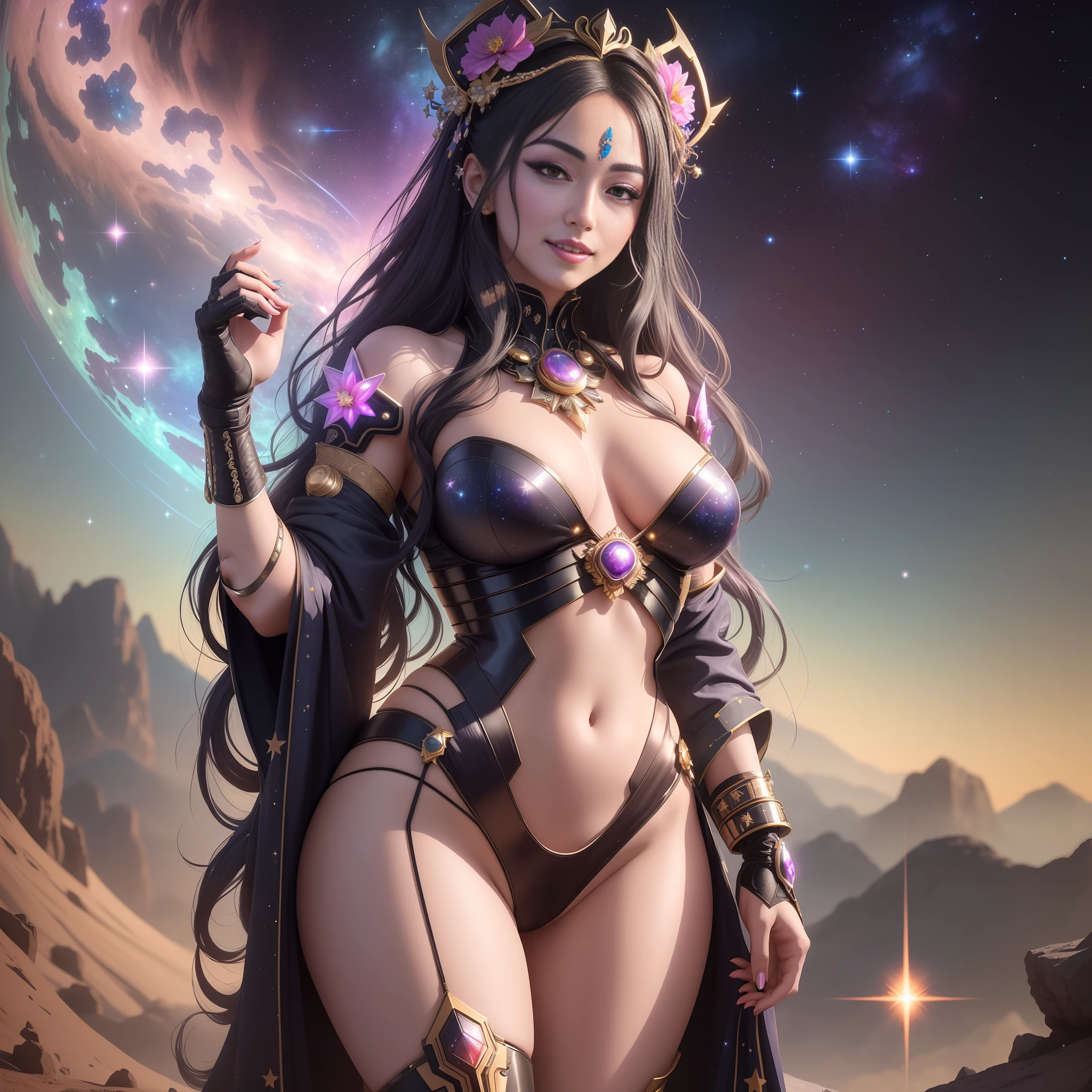 "(...) ((Hyperrealistic, photorealistic, 8k, intricate details)) full body, 22-year-old cyberpunk jaspegeisha masters, beautiful and seductive, cyberpunk space goddess, hot girl, cyberpunk space queen, cyberpunk cosmic deity, cosmic perfection, soft, silky skin (moist oily), with flowing black hair, lush glossy lips and large, precious breasts, wearing a well-ornate sexy space kimono, wearing a crown of stars and neon flowers, is standing in a sensual pose on the surface of a planet with no atmosphere, with a cheerful feature giving a beautiful smile (showing teeth), ((rocky details and starry sky stardust, nebulae)).