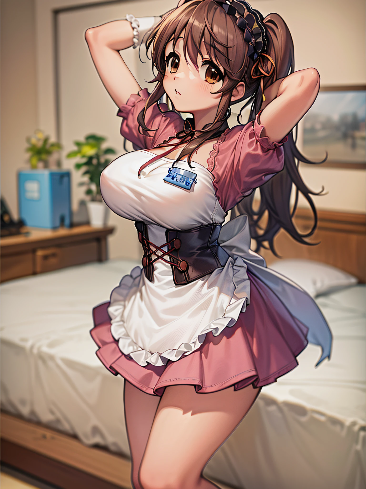 ((masterpiece)), ((best quality)), (ultra-detailed), ((kawaii)), cute, (lovely), ((extremely detailed)), 4K, (8K), best quality, (beautiful), full body, teenage, solo, (((gigantic breasts))), (((sagging breasts))), armpits,  ((curvy)), oikawa shizuku, mikuru1, 1girl, asahina mikuru, twintails, solo, large breasts, apron, puffy short sleeves, (name tag:0.9), long hair, corset, waitress, white apron, wrist cuffs, pink dress, frills, bangs, maid, ribbon, from side, on the bed