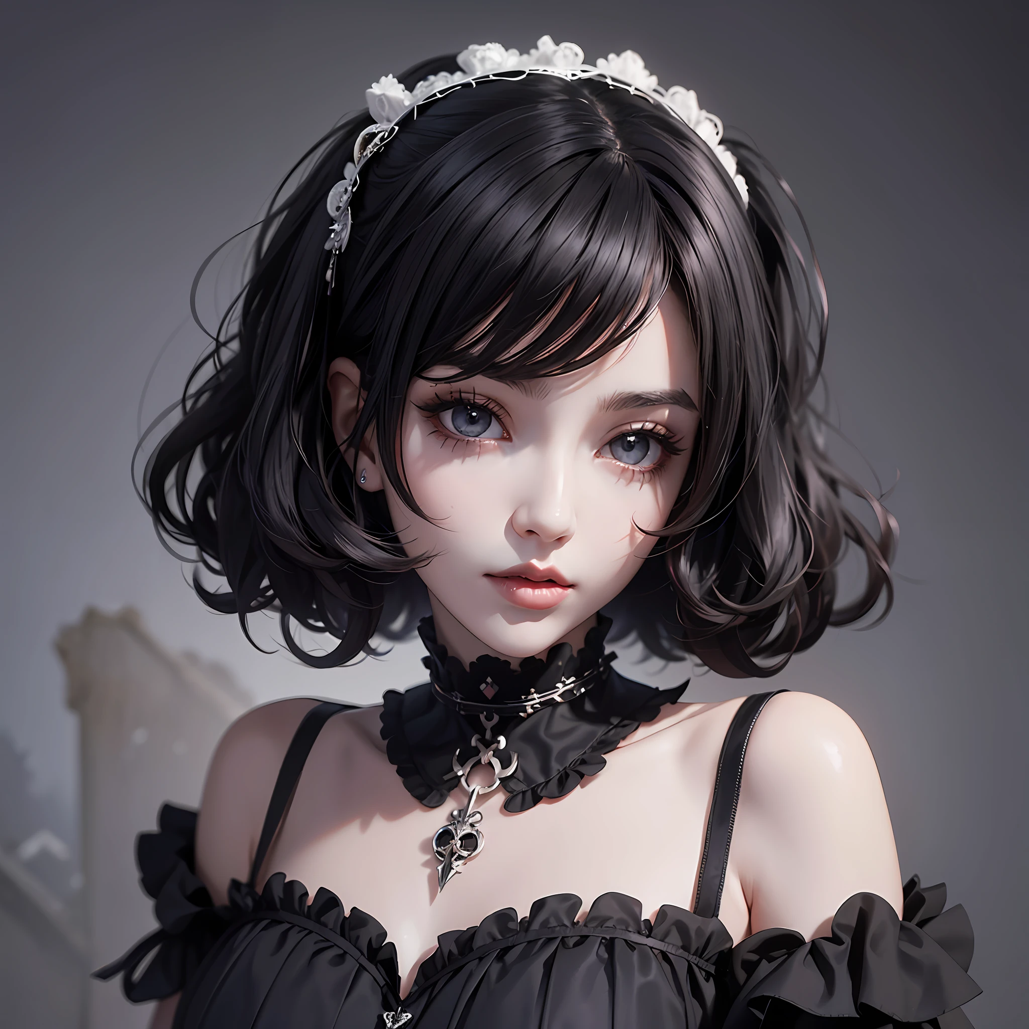 1girl, beautiful girl, goth, short hair, black hair, dark eyes, lolita dress, gothic choker, intricate details, volumetric light, anime style, --auto --s2