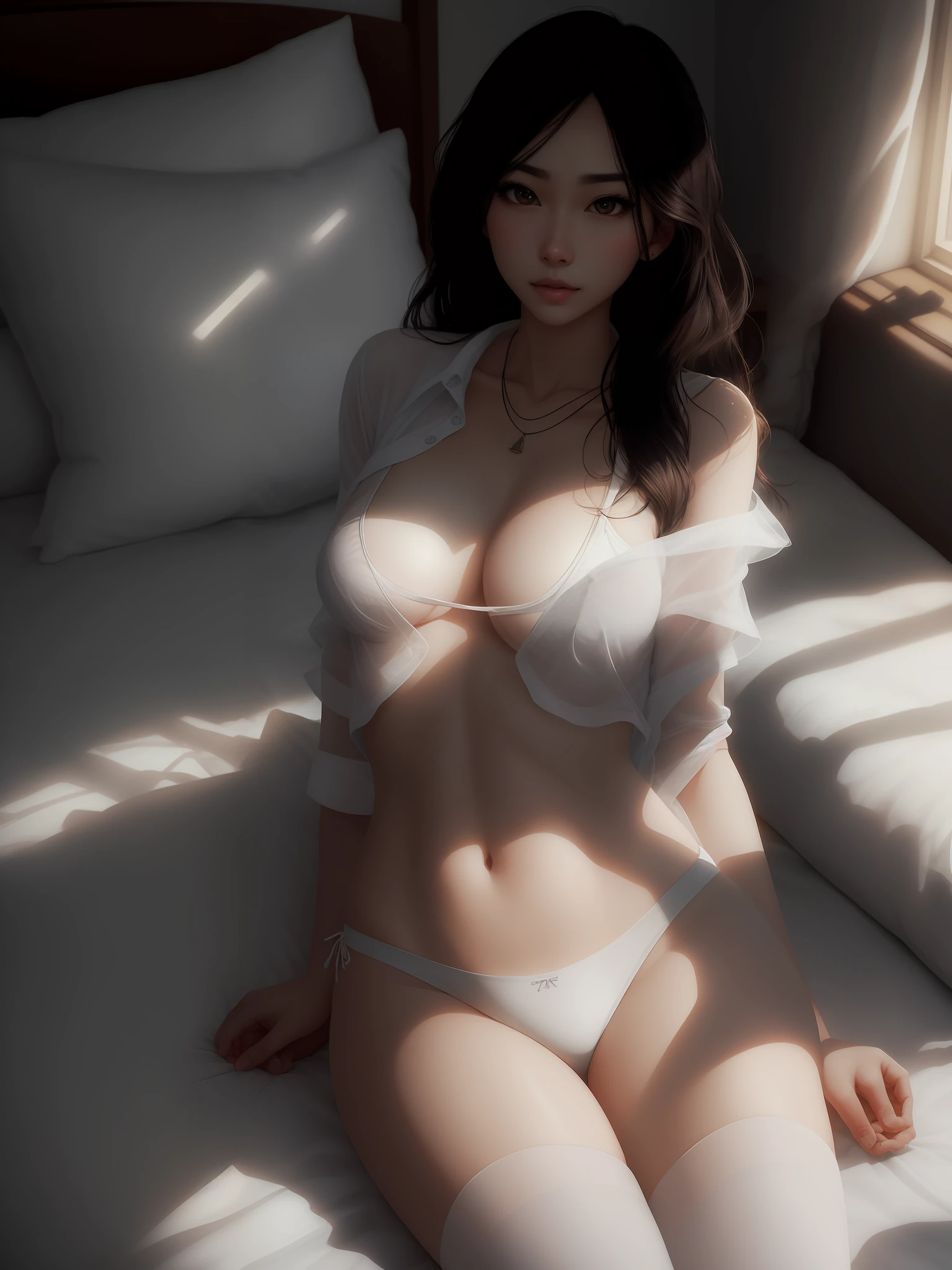 award winning photo, highest quality, extremely detailed, (realistic), photorealistic, bright, 1girl, solo, see-through, unbuttoned, areola slip, detailed face, perfect russian face, Age:21, long straight black hair, (small breasts), skinny, pale skin, (white shirt), white panties, thighhighs, necklace, sweat, hair ornament, bedroom, pillow, warm light, film photograph, f1.6 lens hyper realistic lifelike texture dramatic lighting0, dynamic light, (ulzzang-6500-v1.1:0.4)