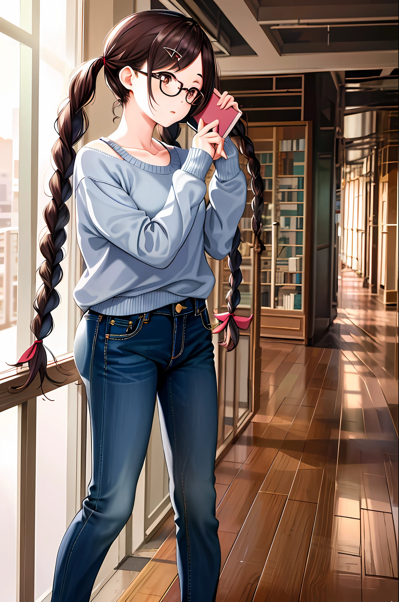 masterpiece, best quality, highres, chi1, 1girl, twin braids, twintails, solo, hair ornament, hairclip, glasses, twin braids, pants, jeans, sweater, collarbone, long sleeves, swept bangs, holding book