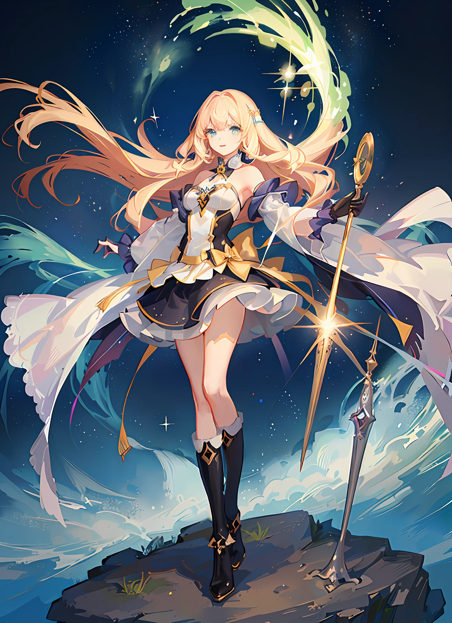((Magical Girl)), ((Gorgeous Starry Sky Background)), ((Super Definition)), ((Best Illustration)), ((Cinematic Lighting)), Dynamic Angle, Floating, Detail, (Glitter: 1.2), (Shine: 1.2), (Shine: 1.2), Classic, (Paint: 1.1), (Sketch: 1.1), (Best Quality), (Masterpiece: 1.2), (Anime Style), (Solo), Beautiful Detail Face, (Cute Face: 1.3), (Big Eyes: 1.3), Colorful Hair, (Long Hair: 1.2), (Floating Hair: 1.2), (Magical Girl Costume), Detailed Costumes, (Glowing Wand: 1.3), (Magic Effects: 1.3), (Flowing Skirt: 1.2), (Cute Boots: 1.1), (Transparent Fabric: 1.1), (Glitter: 1.2), (Glow: 1.2), (Shine: 1.2), ( Flicker:1.2) , (Dazzle:1.2)