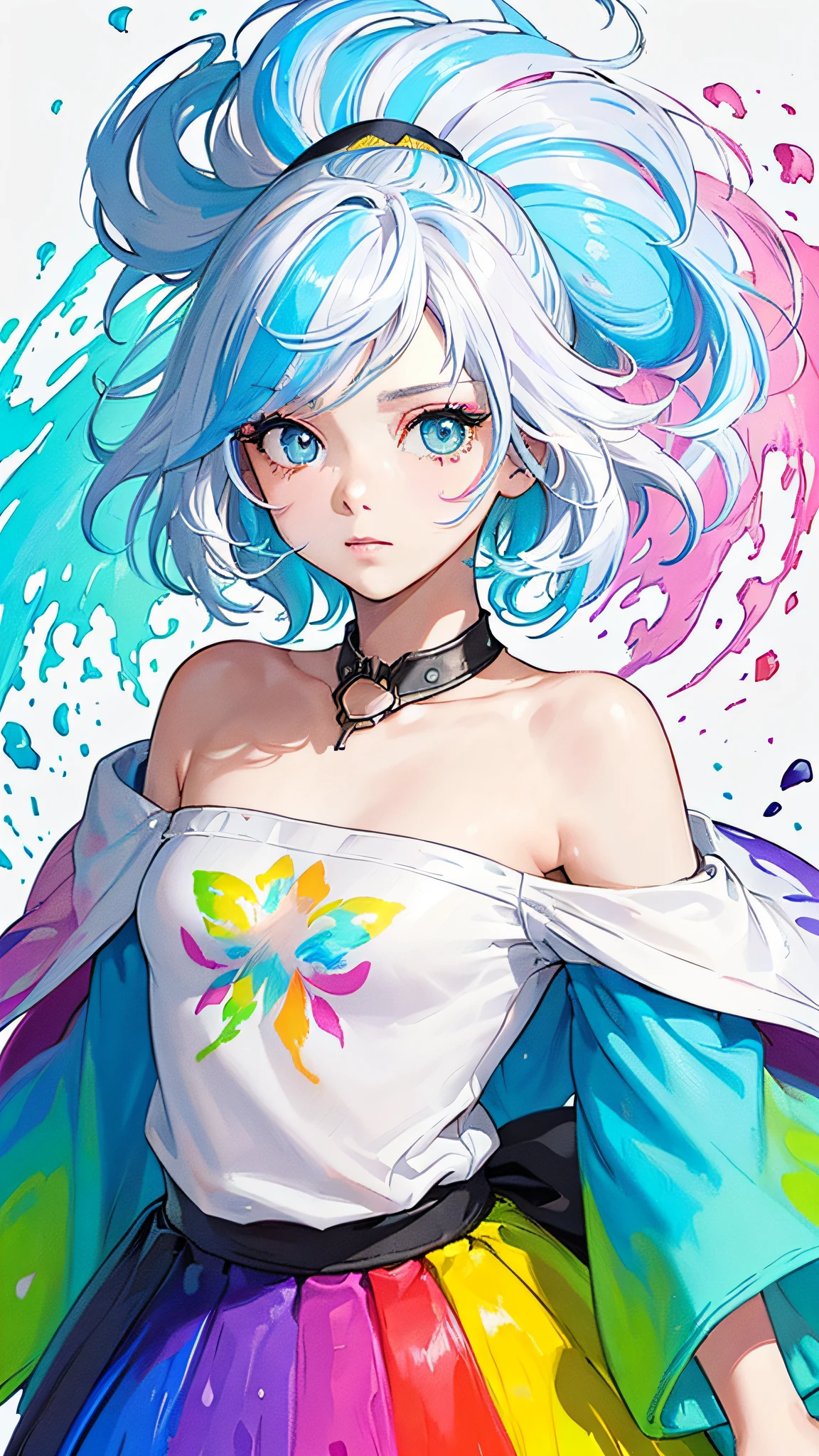 (Pink Fashion T-shirt:1.9),(Colorful hair: 1.8), (all the colours of the rainbow: 1.8),(((((vertical painting:1.6))), (painting:1.6),front, comics, illustrations, paintings, large eyes, crystal clear eyes,( rainbow color gradient high ponytail:1.7), exquisite makeup, closed mouth,(Small Fresh: 1.5),(Wipe Chest: 1.6) ,long eyelashes, white off shoulder T-shirt, White Shoulder Shirt,looking at the audience, large watery eyes, (rainbow colored hair:1.6), color splash, (solo:1.8), color splash, color explosion, thick paint style, messy lines, ((shining)),(colorful), (colorful), (colorful), colorful, Thick Paint Style, (Splash) (Color Splash), Vertical Painting, Upper Body, Paint Splash, Acrylic Pigment, Gradient, Paint, Highest Image Quality, Highest Quality, Masterpiece, Solo, Depth of Field, Face Paint, colorful clothes, (Elegant: 1.2), gorgeous,long hair, wind, (Elegant: 1.3), (Petals: 1.4),(((masterpiece))),(((best quality))),((ultra-detailed)),(illustration),(dynamic angle),((floating)),(paint),((disheveled hair)),(solo),(1girl) , (((detailed anima face))),((beautiful detailed face)),collar,bare shoulders,white hair, ((colorful hair)),((streaked hair)),beautiful detailed eyes,(Gradient color eyes),(((colorful eyes))),(((colorful background))),(((high saturation))),(((surrounded by colorful splashes))),