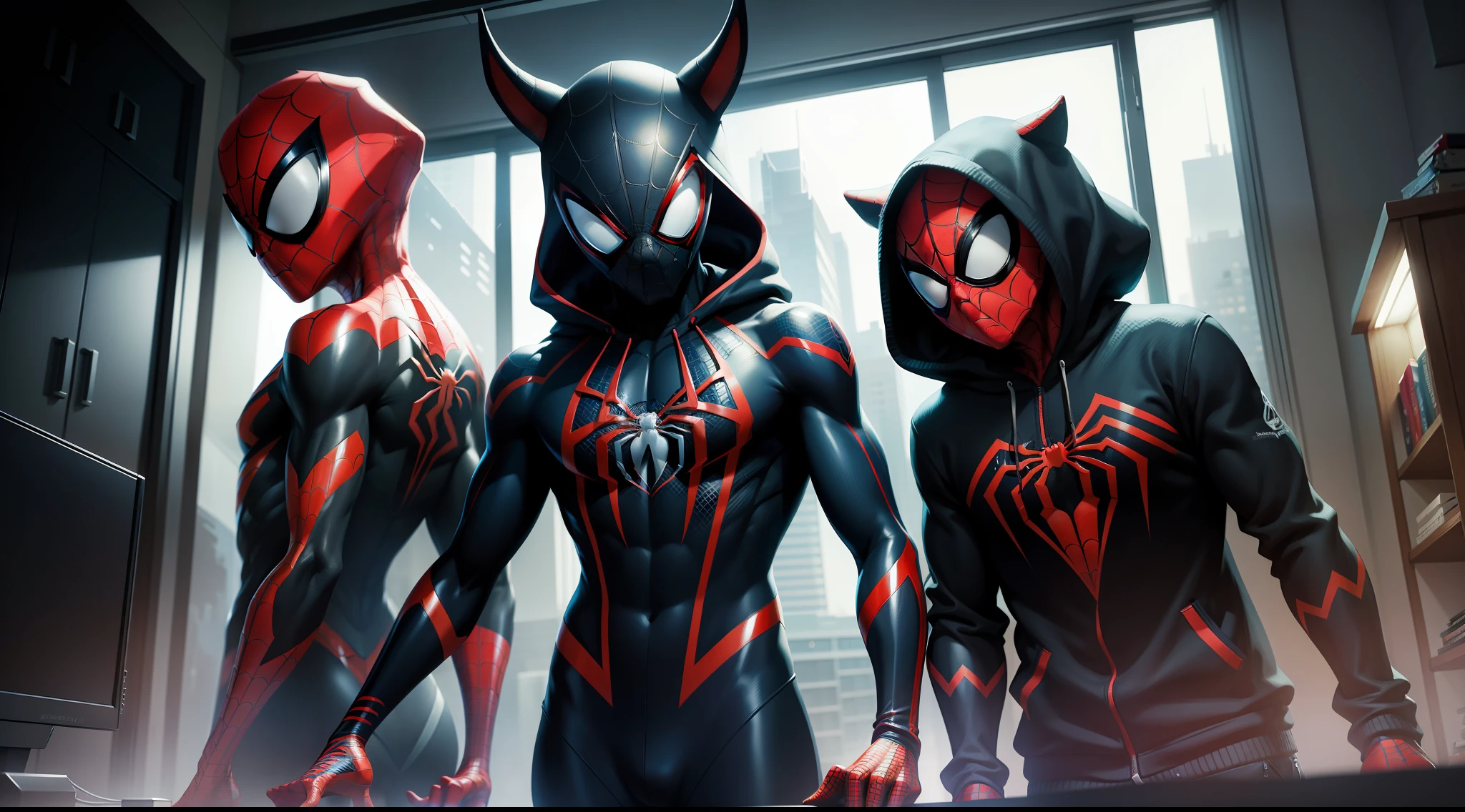 spider animal - spider - man and spider - man in a dark room, spider - verse art style, into the spiderverse, spiderverse, into the spider verse, futuristic style spiderman, miles morales!!!, 3840 x 2160, 3840x2160, miles morales, hq 4k wallpaper, rendered in sfm, super detailed render