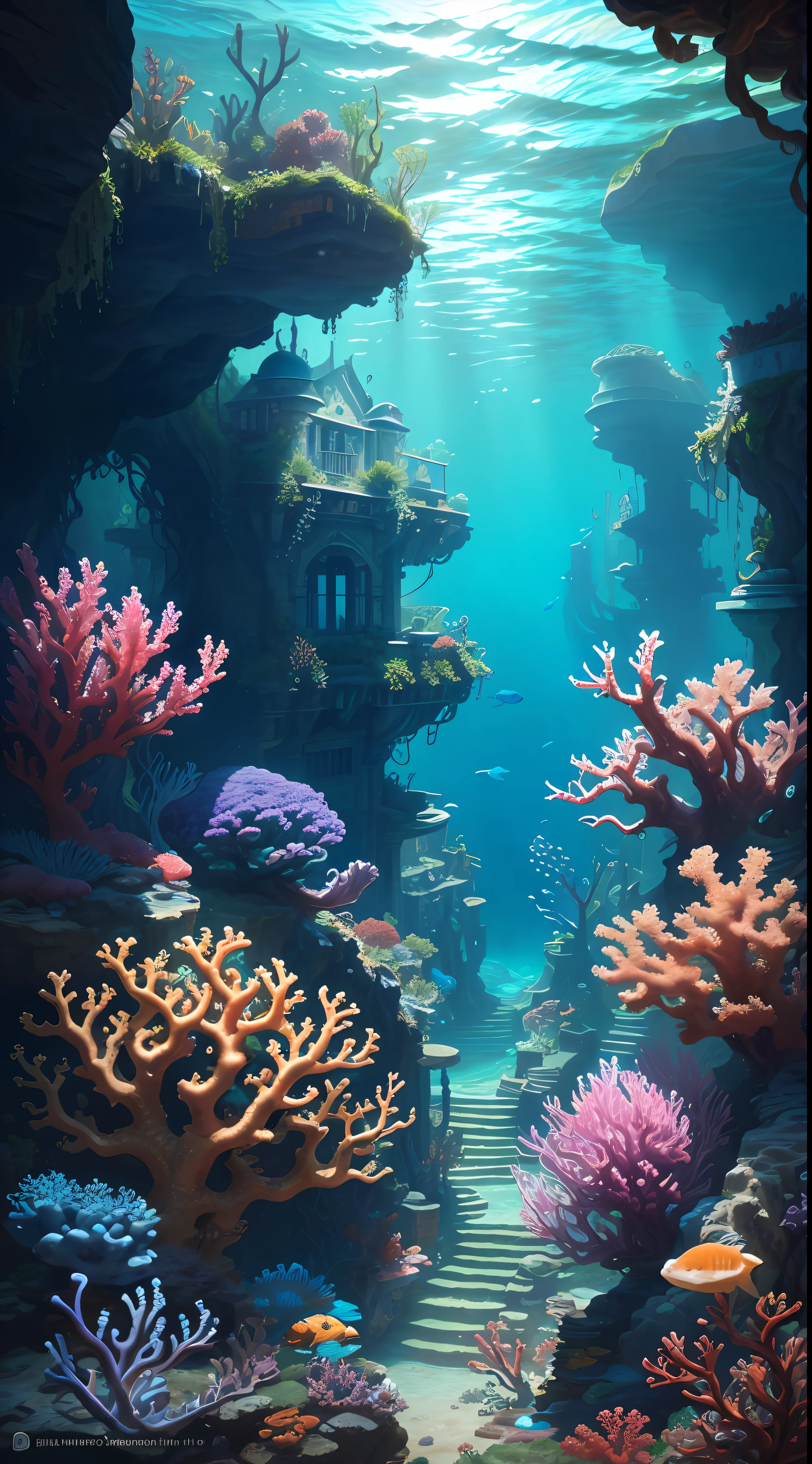 The underwater world of Atlantis, deep sea, epic reality, (hdr: 1.4), dappled sunlight, cool colors, ancient ruins, ocean-type houses full of design sense, deep-sea creatures, coral, fantastic and incredible, epic composition , (Complicated Detail), (Complicated Detail, Ultra Detail: 1.2), Art Station, (Masterpiece, Best Quality) --v 6