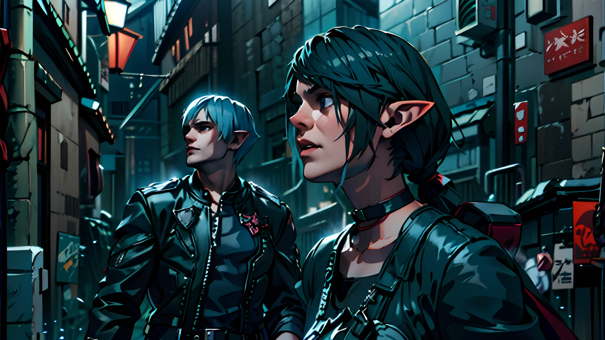 there are two people standing in a dark alley with blue hair, medium shot of two characters, devil may cry, 2020 video game screenshot, 2b, 2 b, v from devil may cry as an elf, cinematic shot ar 9:16 -n 6 -g, style game square enix, video game screenshot>, 8k portrait render