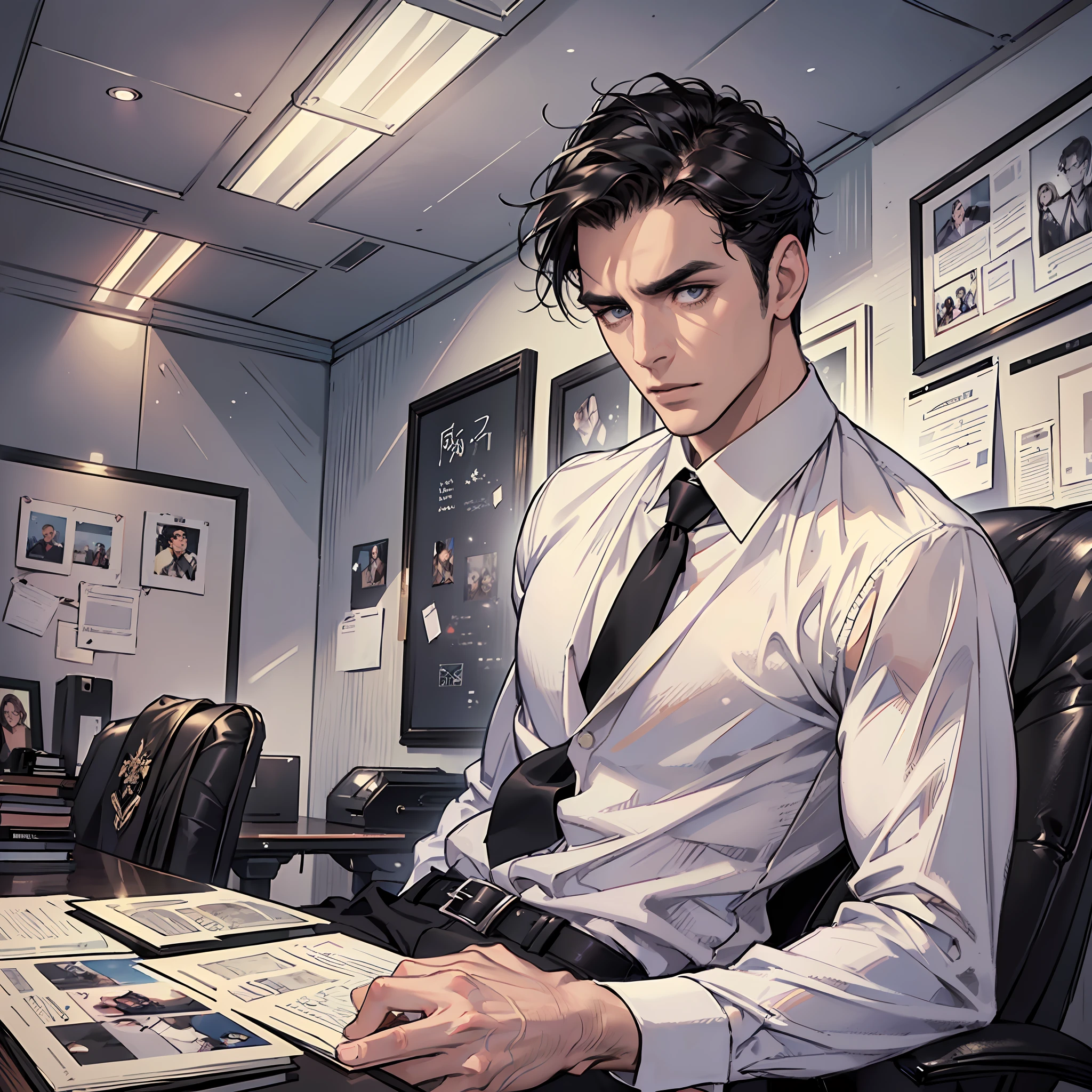 Masterpiece, Excellent, (Office: 1.5), CG drawing with super high detail, handsome, cold face, expressionless,
(a man with short black hair, white shirt, black tie, black pants, leather shoes, a little scum: 1.8),
Inside the president's office, luxurious, sitting on a chair, facing the audience, illustrations