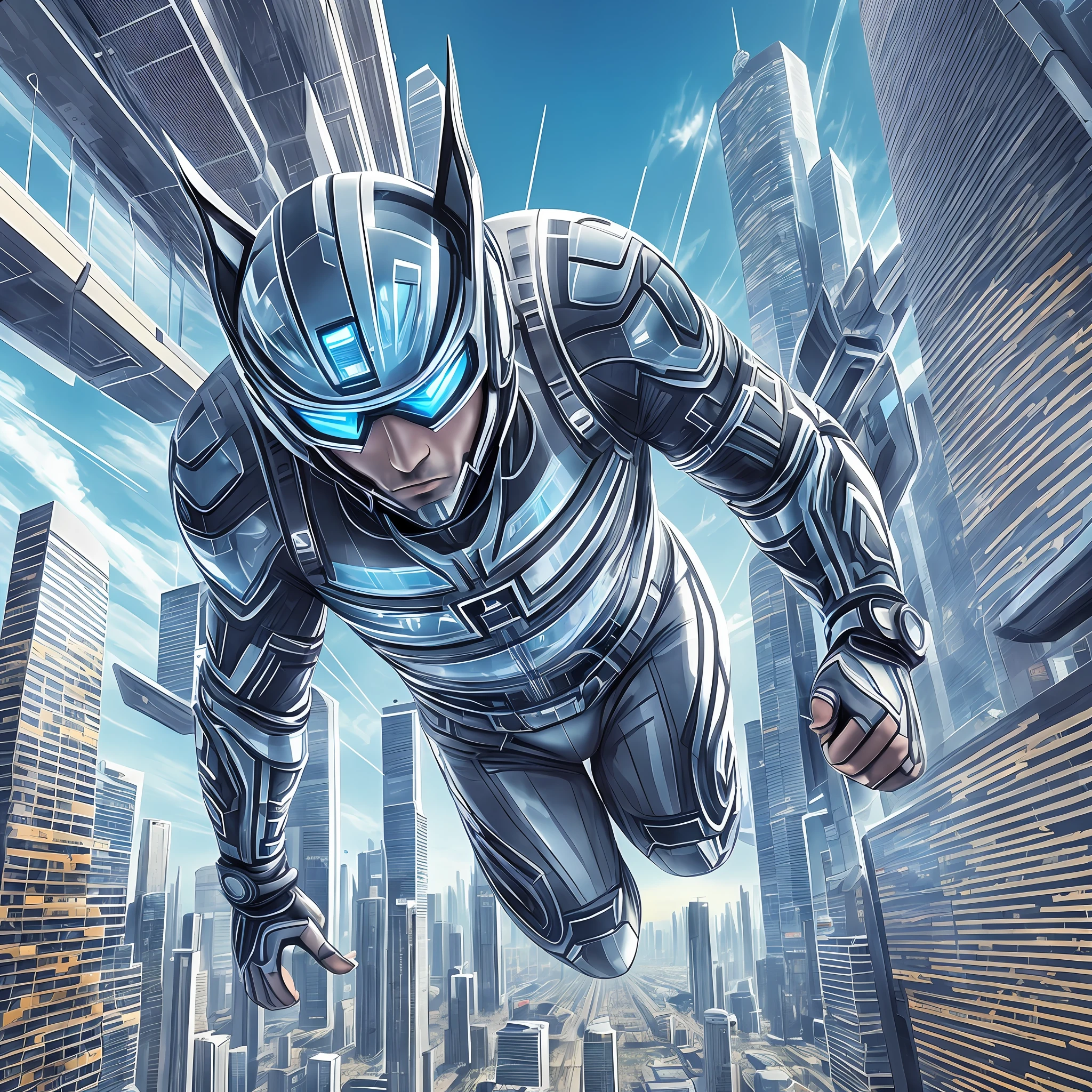 Sporty man galloping through futuristic city in the air --auto --s2