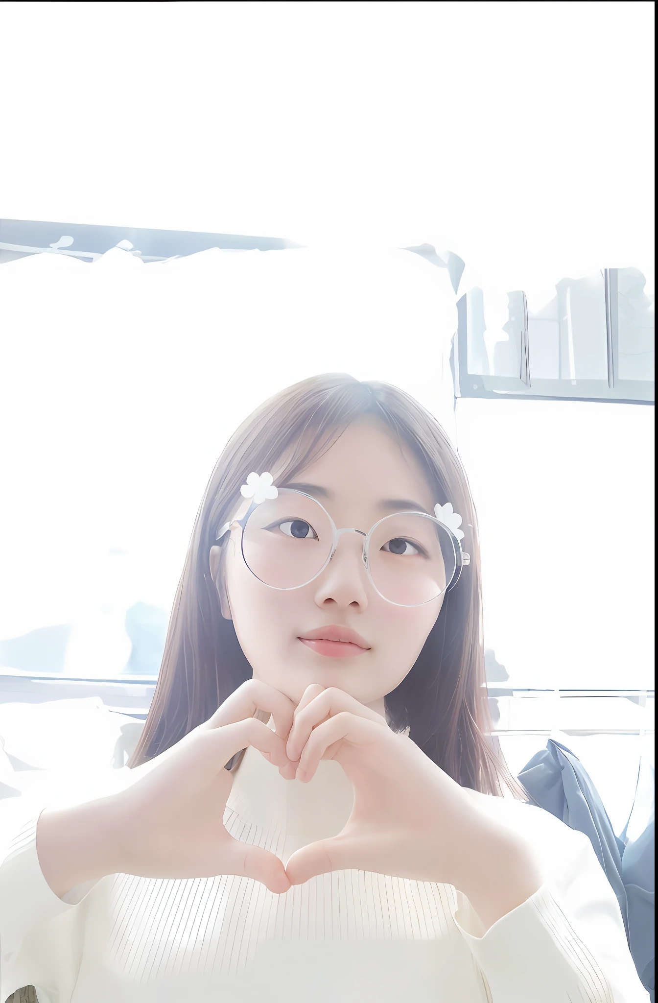 Best quality, masterpiece, super high resolution, there is a woman with a heart made with her hands, wearing glasses, clear and cute face, Urzang, in Yeonnam, wearing thin large round glasses, wearing square glasses, wearing small round glasses, 8K selfie, wearing glasses, thick round glasses, Li Zixin, portrait of Lo Fei in front of the window, Pei Susie