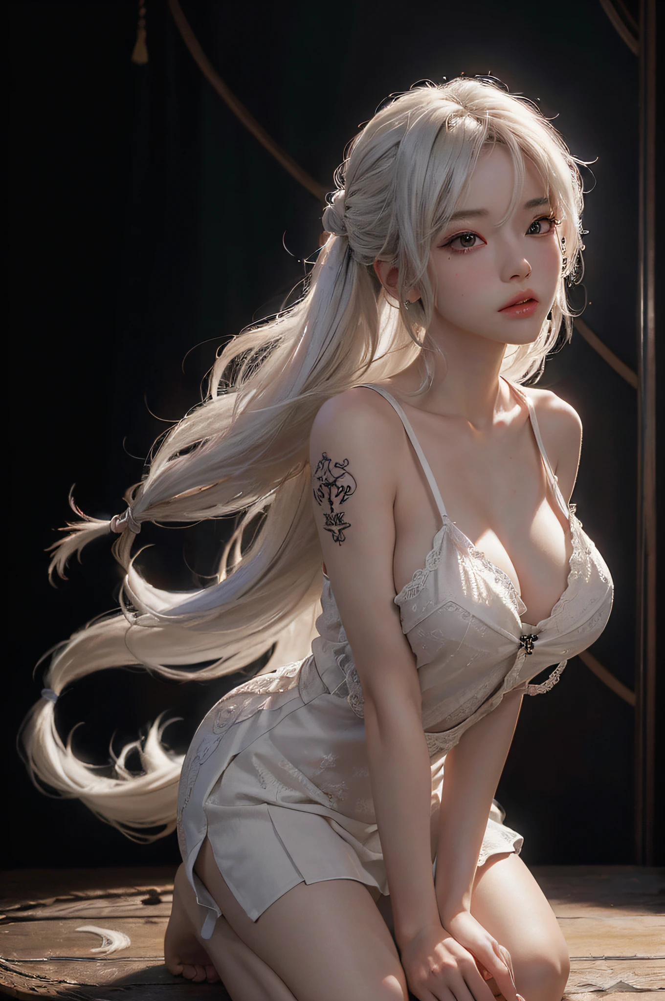 (Photorealistic quality, 1.9 realism, extremely high precision CG unified 8K wallpaper, real skin) + (1 girl, white hair, collarbone details, extremely beautiful illustration, masterpiece level, dynamic angle, full body, messy_long_hair:1.3, temple in background, school clothes) + (breast 1.1, brown eyes, dunhuang_style, amazing ink, movie lighting, len_flare) + (master the world's theater, best quality, anatomically correct)