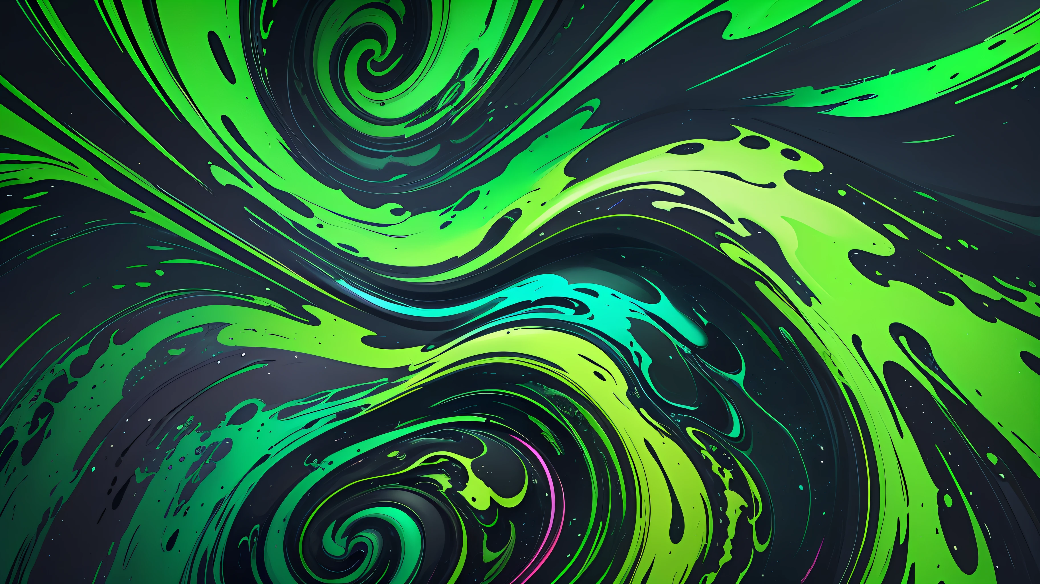 a close up of a green and black liquid swirl on a black background, liquid simulation background, abstract liquid, dark neon colored universe, turbulent alien vivid landscape, black fluid simulation, splashes of neon clouds, swirly liquid fluid abstract art, liquid marble fluid painting, swirling liquids, digital art 4k unsettling, vibrant neon inks painting