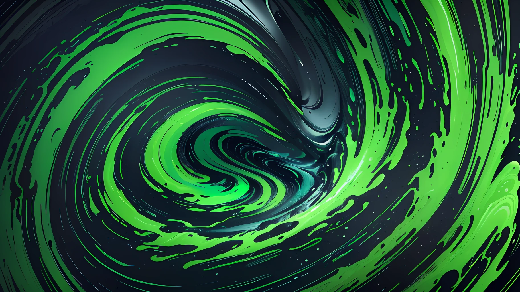 a close up of a green and black liquid swirl on a black background, liquid simulation background, abstract liquid, dark neon colored universe, turbulent alien vivid landscape, black fluid simulation, splashes of neon clouds, swirly liquid fluid abstract art, liquid marble fluid painting, swirling liquids, digital art 4k unsettling, vibrant neon inks painting
