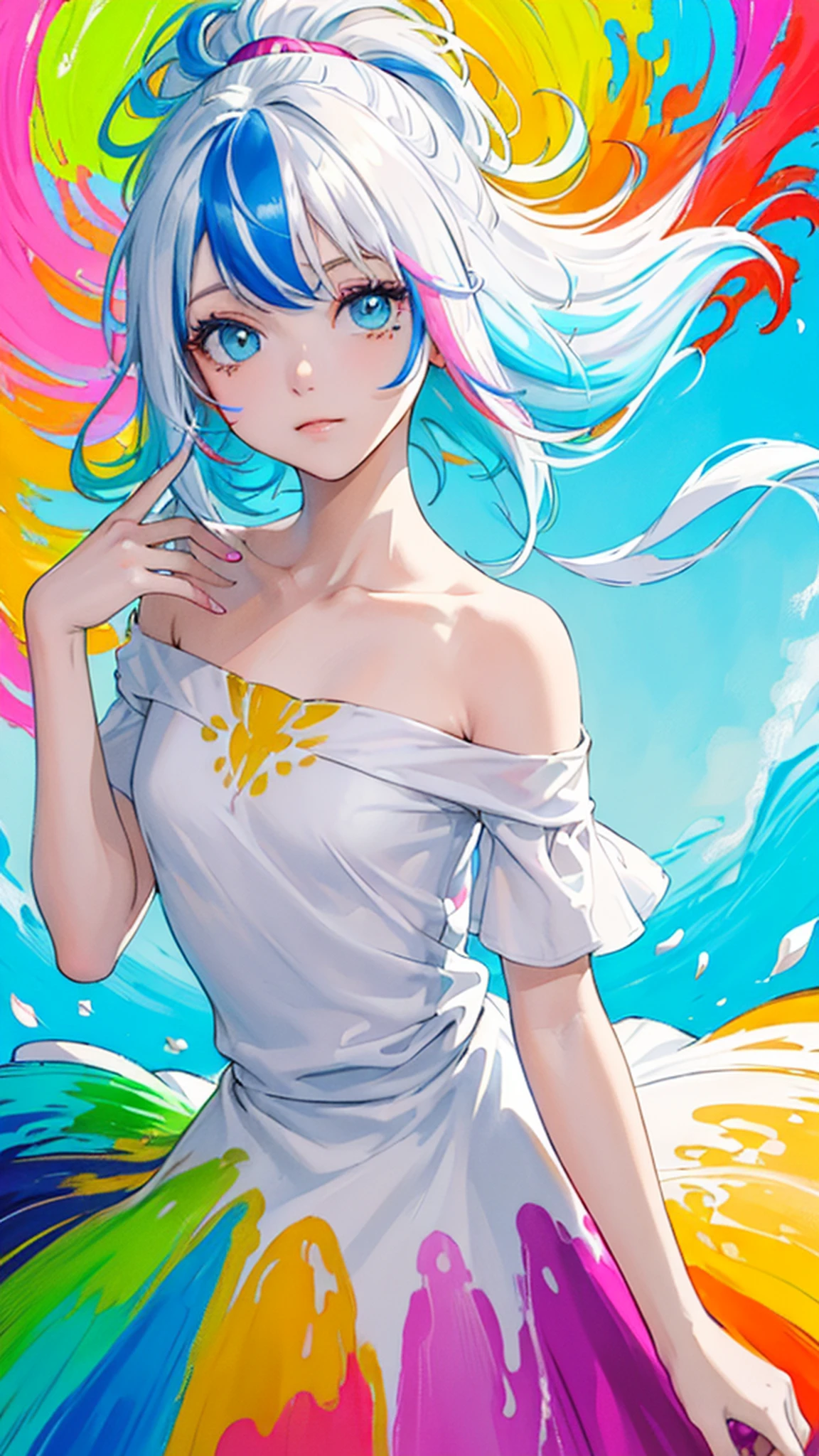 (Pink Fashion T-shirt:1.9),(Colorful hair: 1.8), (all the colours of the rainbow: 1.8),(((((vertical painting:1.6))), (painting:1.6),front, comics, illustrations, paintings, large eyes, crystal clear eyes,( rainbow color gradient high ponytail:1.7), exquisite makeup, closed mouth,(Small Fresh: 1.5),(Wipe Chest: 1.6) ,long eyelashes, white off shoulder T-shirt, White Shoulder Shirt,looking at the audience, large watery eyes, (rainbow colored hair:1.6), color splash, (solo:1.8), color splash, color explosion, thick paint style, messy lines, ((shining)),(colorful), (colorful), (colorful), colorful, Thick Paint Style, (Splash) (Color Splash), Vertical Painting, Upper Body, Paint Splash, Acrylic Pigment, Gradient, Paint, Highest Image Quality, Highest Quality, Masterpiece, Solo, Depth of Field, Face Paint, colorful clothes, (Elegant: 1.2), gorgeous,long hair, wind, (Elegant: 1.3), (Petals: 1.4),(((masterpiece))),(((best quality))),((ultra-detailed)),(illustration),(dynamic angle),((floating)),(paint),((disheveled hair)),(solo),(1girl) , (((detailed anima face))),((beautiful detailed face)),collar,bare shoulders,white hair, ((colorful hair)),((streaked hair)),beautiful detailed eyes,(Gradient color eyes),(((colorful eyes))),(((colorful background))),(((high saturation))),(((surrounded by colorful splashes))),