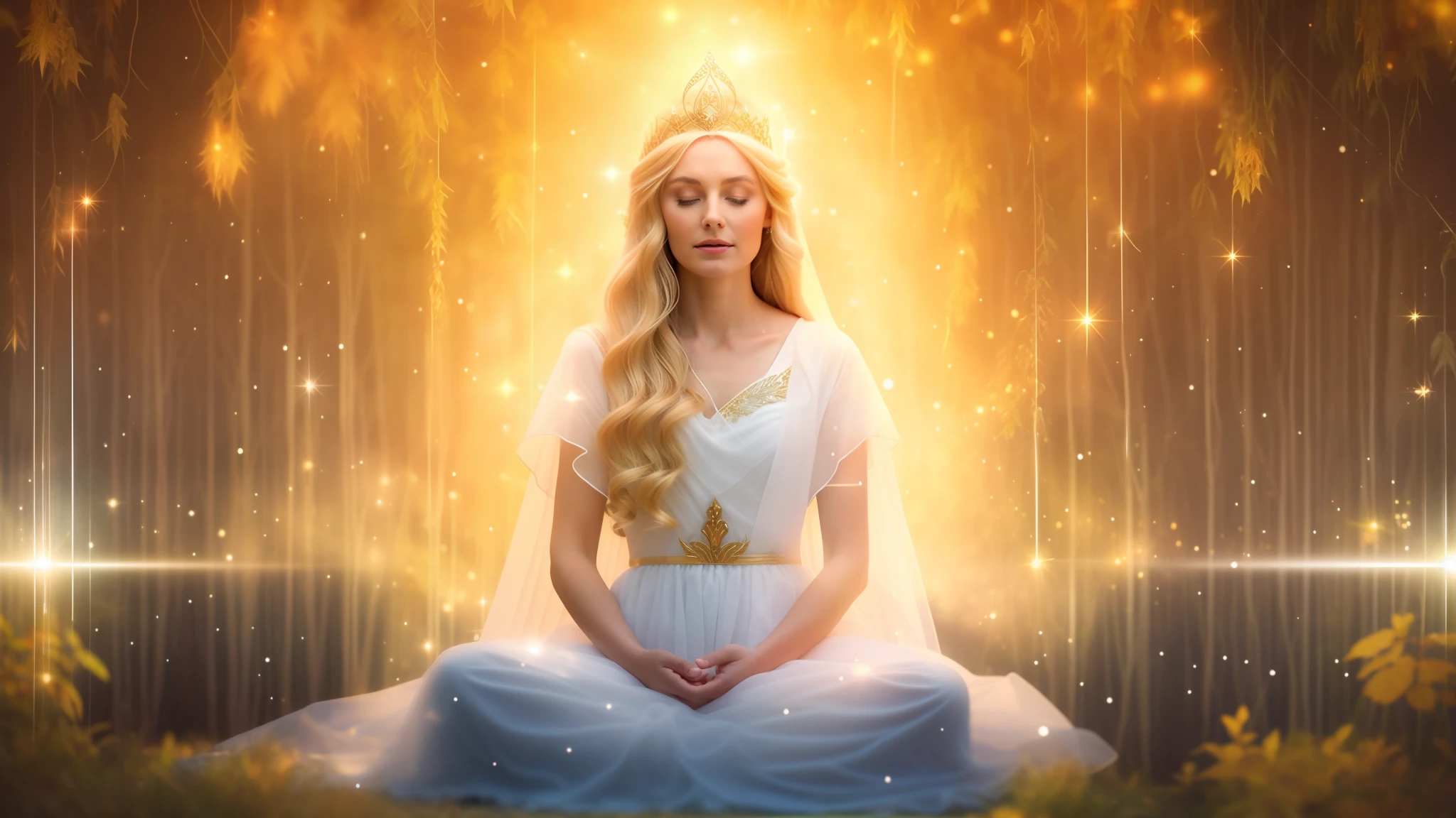 a woman in a white dress sitting in a forest with a crown on her head, of elven queen galadriel, gold ethereal light, goddess of light, portrait of queen of light, elven angel meditating in space, galadriel, ethereal angelic being of light, elven spirit meditating in space, radiating golden light, princess of light