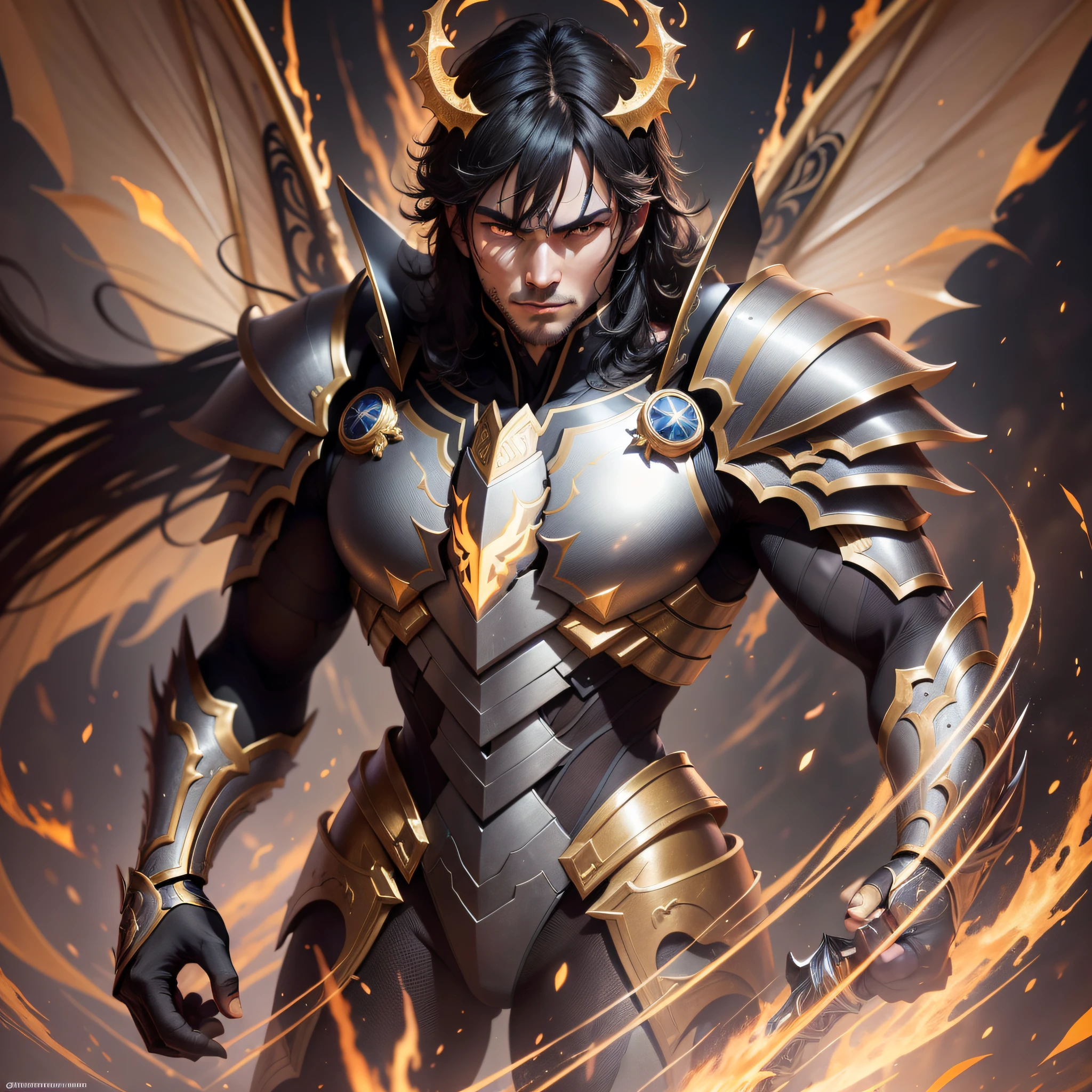 Kentarion, the Dragon Warrior, is a black-haired man. He is wrapped in a golden armor that shines brightly, reflecting the light. His posture is imposing, with determined and penetrating eyes. A flaming aura surrounds him, and majestic dragon wings extend from his back. His sword is on fire, emanating superhuman power and dexterity., Ultra-Wide Angle, Nikon, close-up, motion blur, reflection light, cinematic lighting, drop shadow, high detail, Conceptual art, modern, UHD, masterpiece, super detail, high quality, 1080P, 4K, anatomically correct