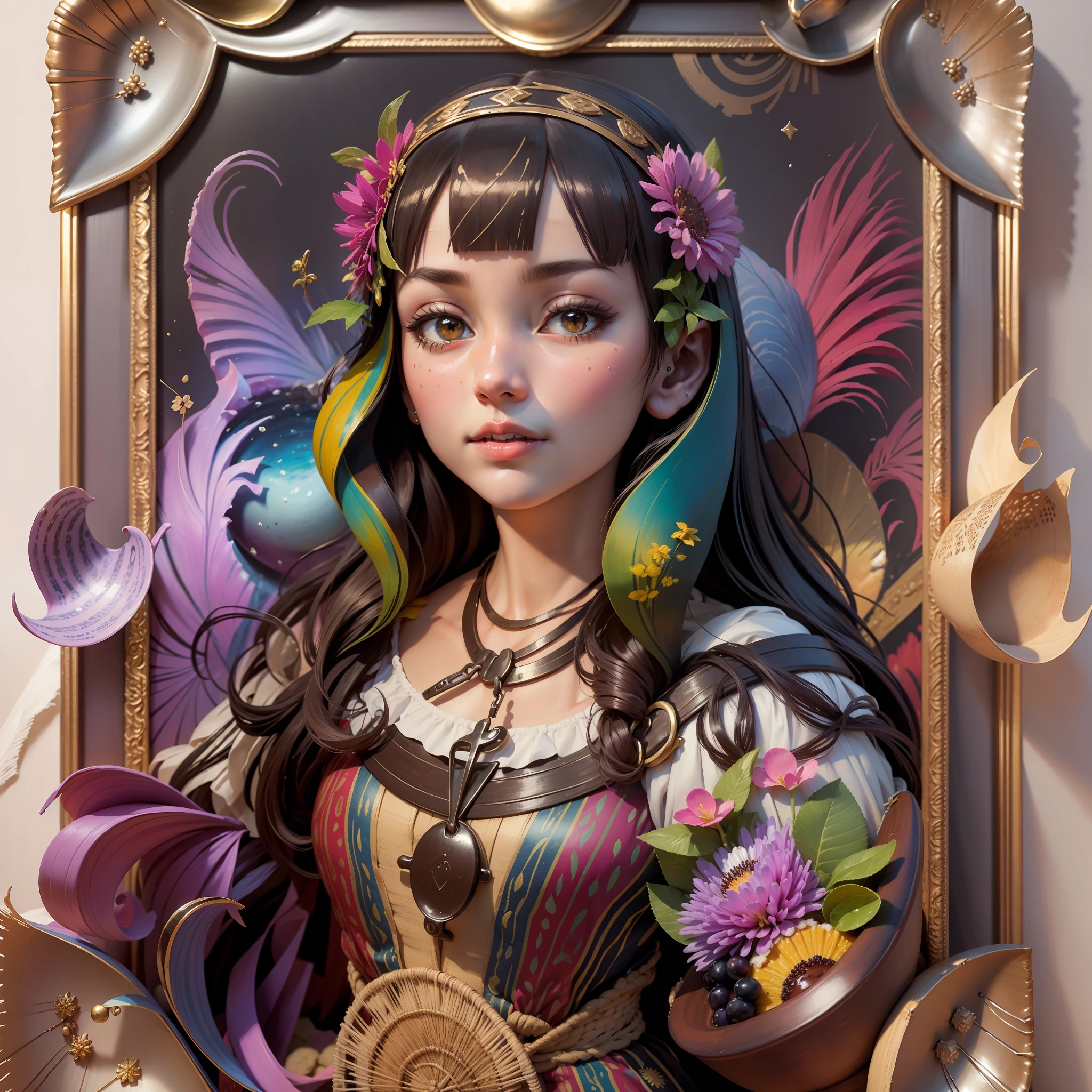Create an original and faithful illustration in detail of the picture of the monalisa The character must be holding a bowl of açaí pulp of a traditional fruit from Pará from the northern region of Brazil, the manalisa tastes the açaí, a popular dish from the northern region of Brazil. The illustration should have a semi-realistic or 3D style. highly creamy acai. Surround the environment with palm straws, tapioca flour. Capture the vibrant colors and textures of the items that should be in artistic painting inside an old frame frame