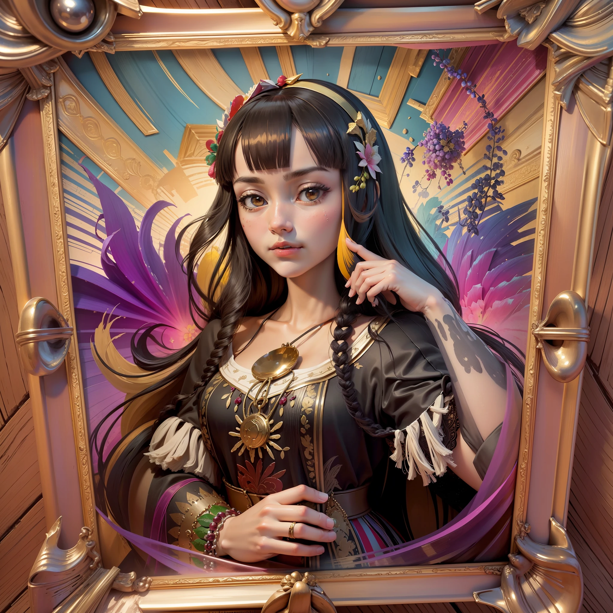 Create an original and faithful illustration in detail of the picture of the monalisa The character must be holding a bowl of açaí pulp of a traditional fruit from Pará from the northern region of Brazil, the manalisa tastes the açaí, a popular dish from the northern region of Brazil. The illustration should have a semi-realistic or 3D style. highly creamy acai. Surround the environment with palm straws, tapioca flour. Capture the vibrant colors and textures of the items that should be in artistic painting inside an old frame frame