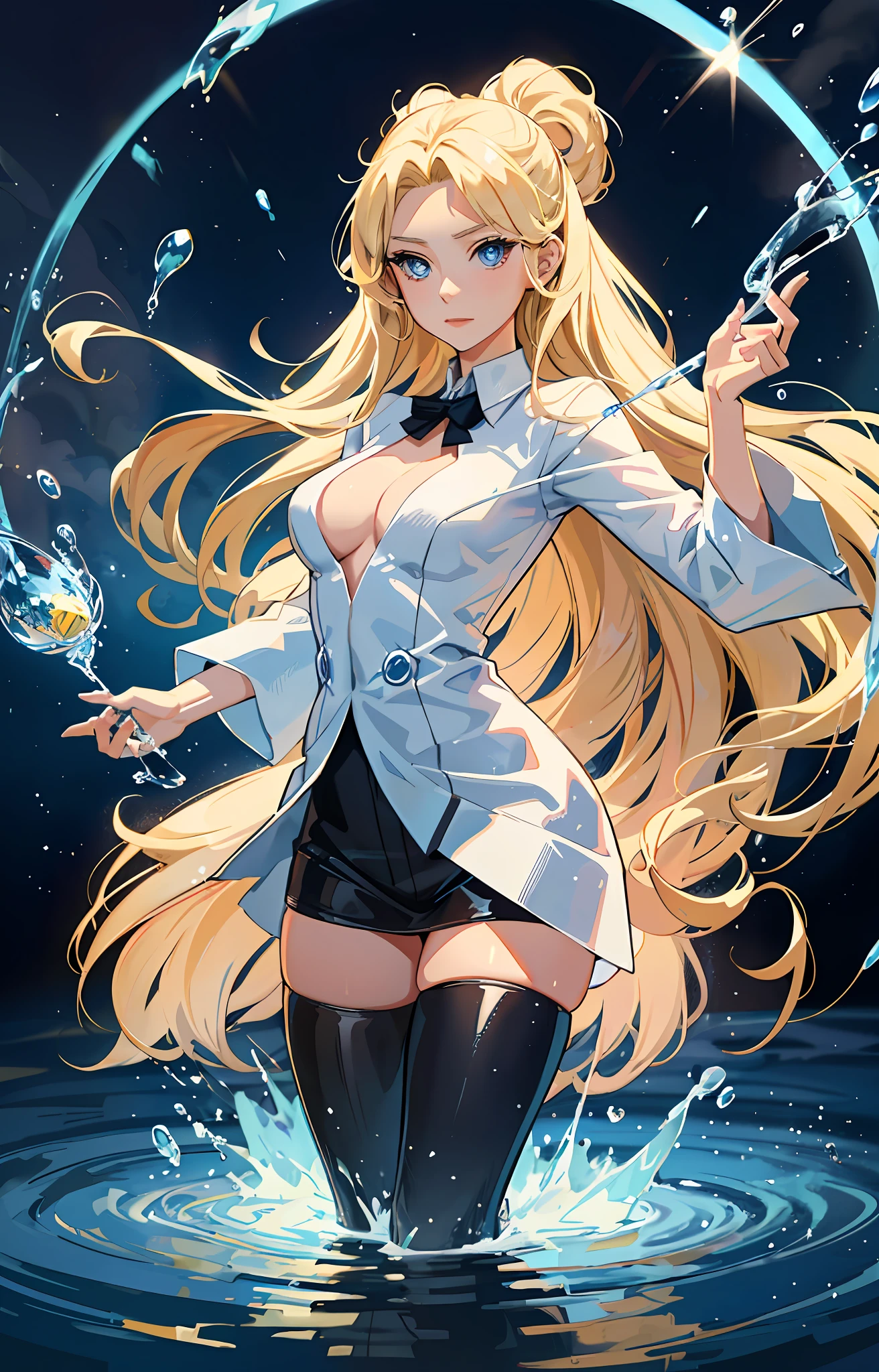 Ino Yamanaka, solo, manipulating water, water spell, Winx, her hair is blonde and her eyes blue, she wears a white blouse and jeans, is focused on the spell, full body, magic school