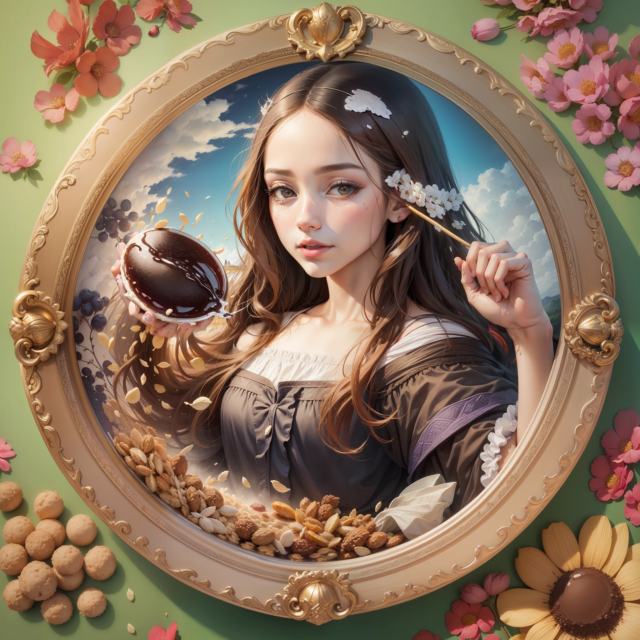 Create an original and faithful illustration of the picture of the monalisa the character holding a bowl of açaí pulp of a traditional fruit from Pará the manalisa tastes the açaí, a popular dish from the northern region of Brazil. The illustration should have a semi-realistic or 3D style. highly creamy acai. Surround the environment with açaí straws, tapioca flour, granola. Capture the vibrant colors and textures of the items that should be inside an antig frame frame