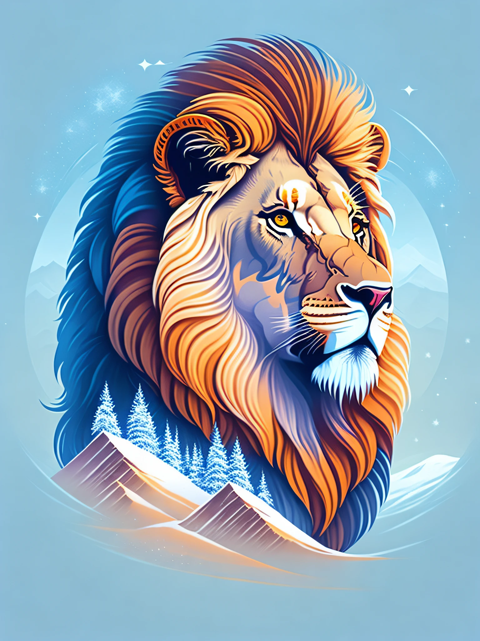 A lion with a mane in a winter landscape, T-shirt design, rzminjourney, vector art