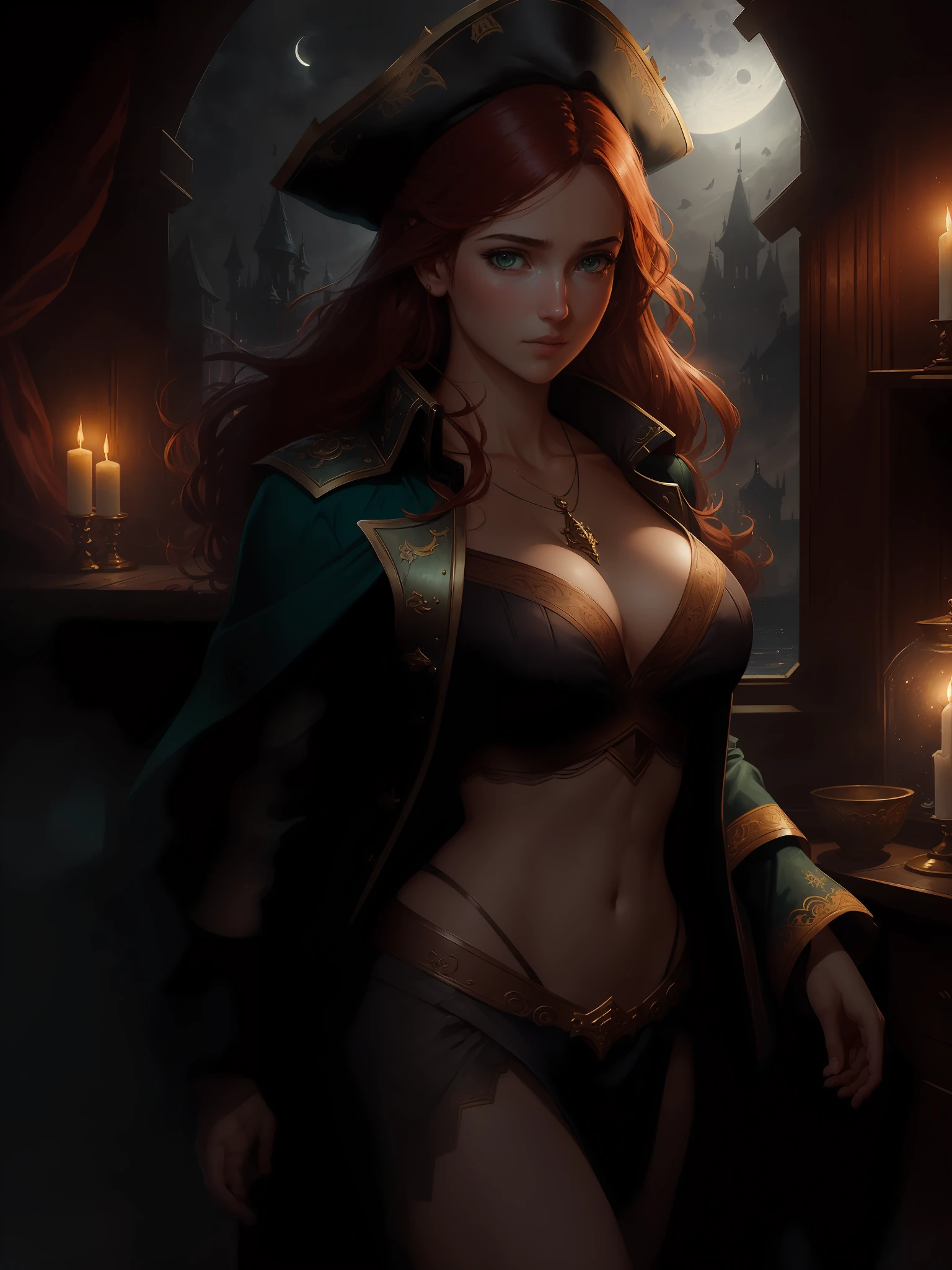 masterpiece, highest quality, (perfect face:1.1), (high detail:1.1),extremely detailed eyes and face, dramatic,dynamic pose, candlelit, 1girl, breasts, redhead, green eyes, solo, cleavage, long hair, curvy, ((small breasts)), see-through shirt, pirate coat,thighs, navel, abs, (wide hips:0.8), (thick thighs), lips, long coat,captain quarters,window,moon, detailed background, art by artgerm and greg rutkowski, cinematic lighting,