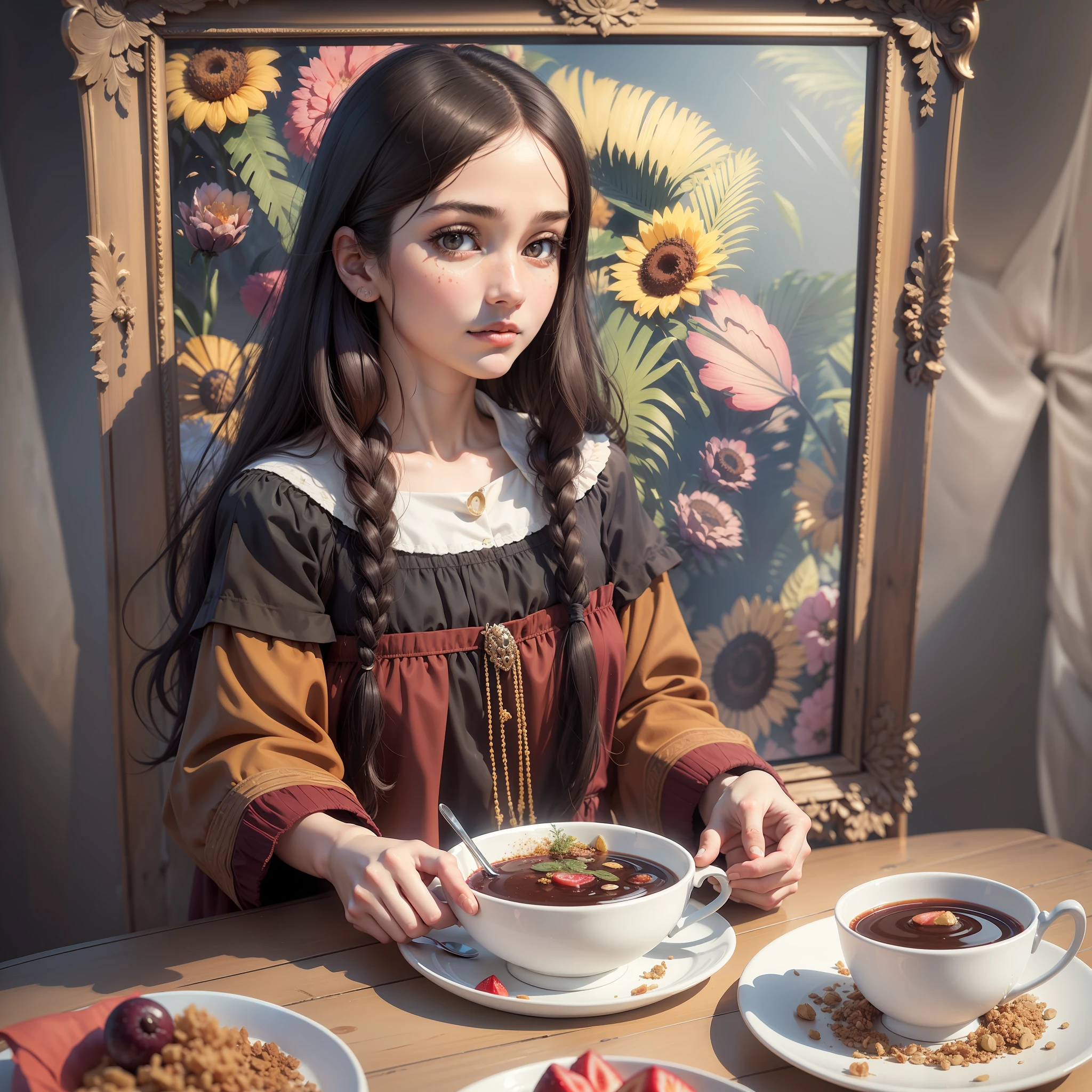 Create an original and faithful illustration of the picture of the monalisa the character holding a bowl of açaí pulp of a traditional fruit from Pará the manalisa tastes the açaí, a popular dish from the northern region of Brazil. The illustration should have a semi-realistic or 3D style. highly creamy acai. Surround the environment with açaí straws, tapioca flour, granola. Capture the vibrant colors and textures of items that should be inside an old frame frame