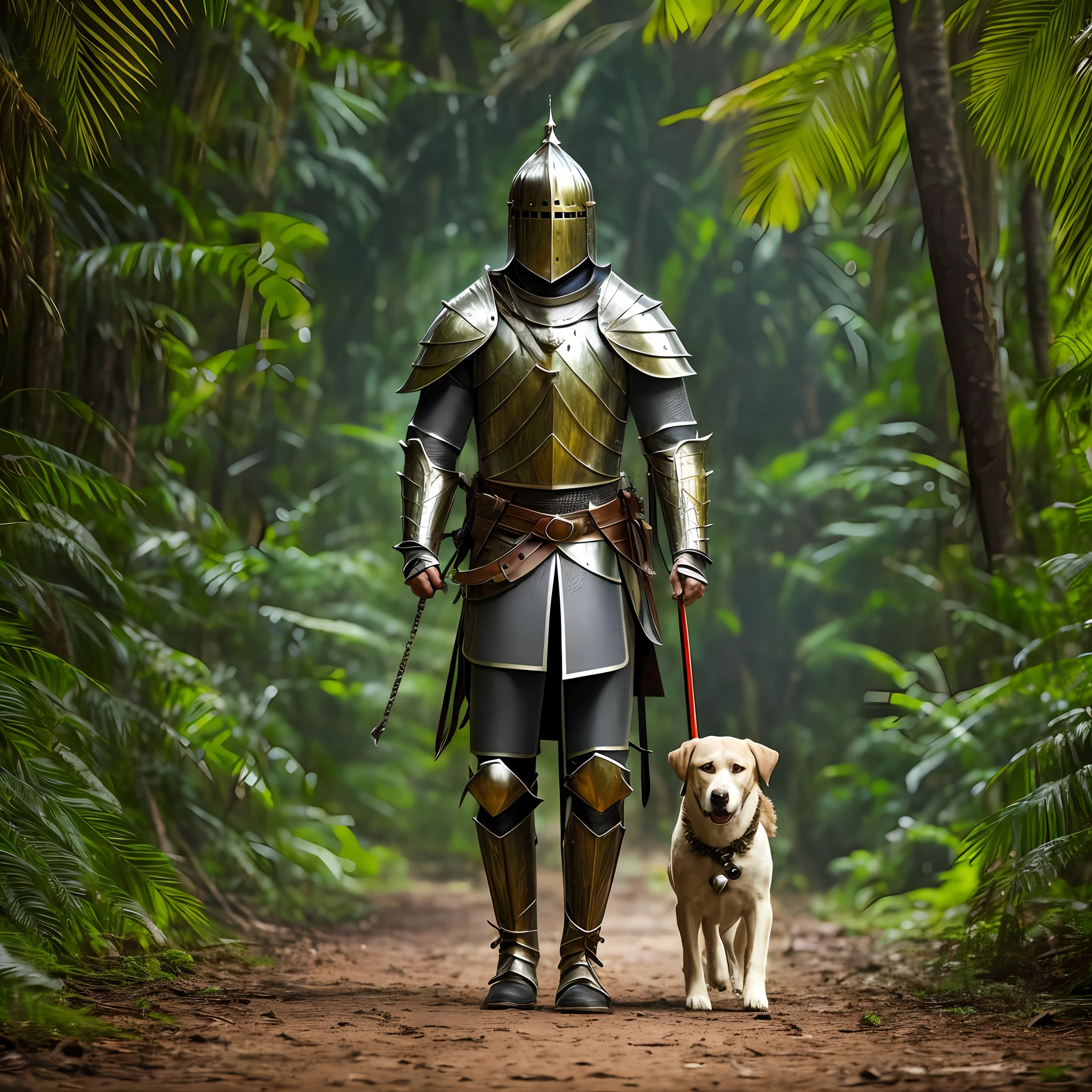 A man dressed as a knight with his dog in a tropical forest, high quality, photorealistic, 8K --auto --s2