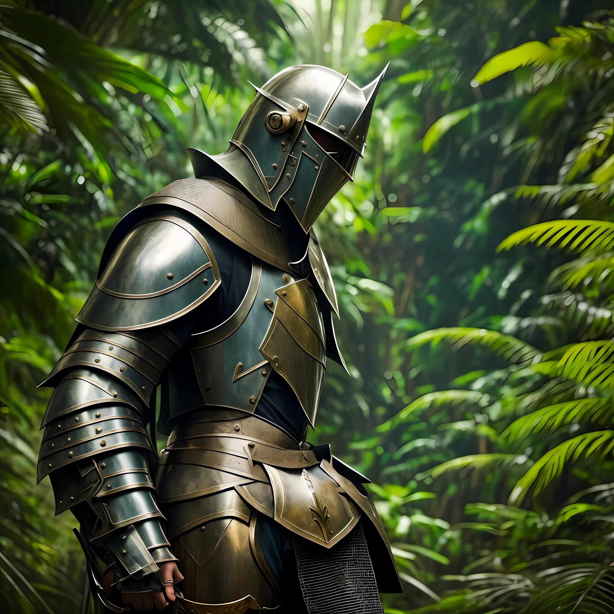 A man dressed as a knight with his dog in a tropical forest, high quality, photorealistic, 8K --auto --s2