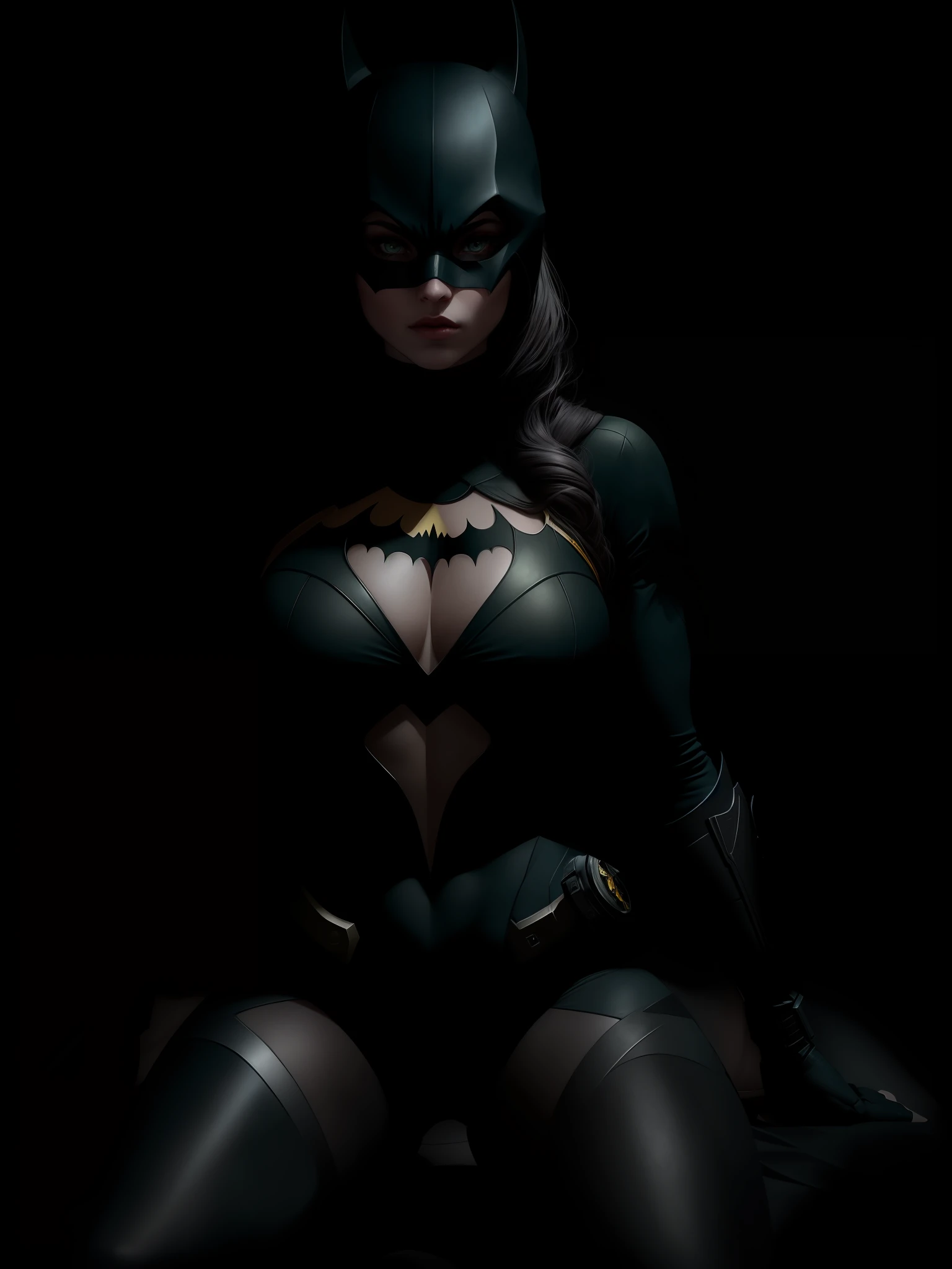award winning (fullbody shot:1.2) of a beautiful batgirl, mask, green eyes, erotic pose, bodysuit, cleavage, moody and melancholic atmosphere with black background by lee jeffries, nikon d850, film stock, photograph 4 kodak portra 400 camera f1.6 lens, rich colors, hyper realistic, lifelike texture, dramatic lighting, unreal engine, trending on artstation, cinestill 800