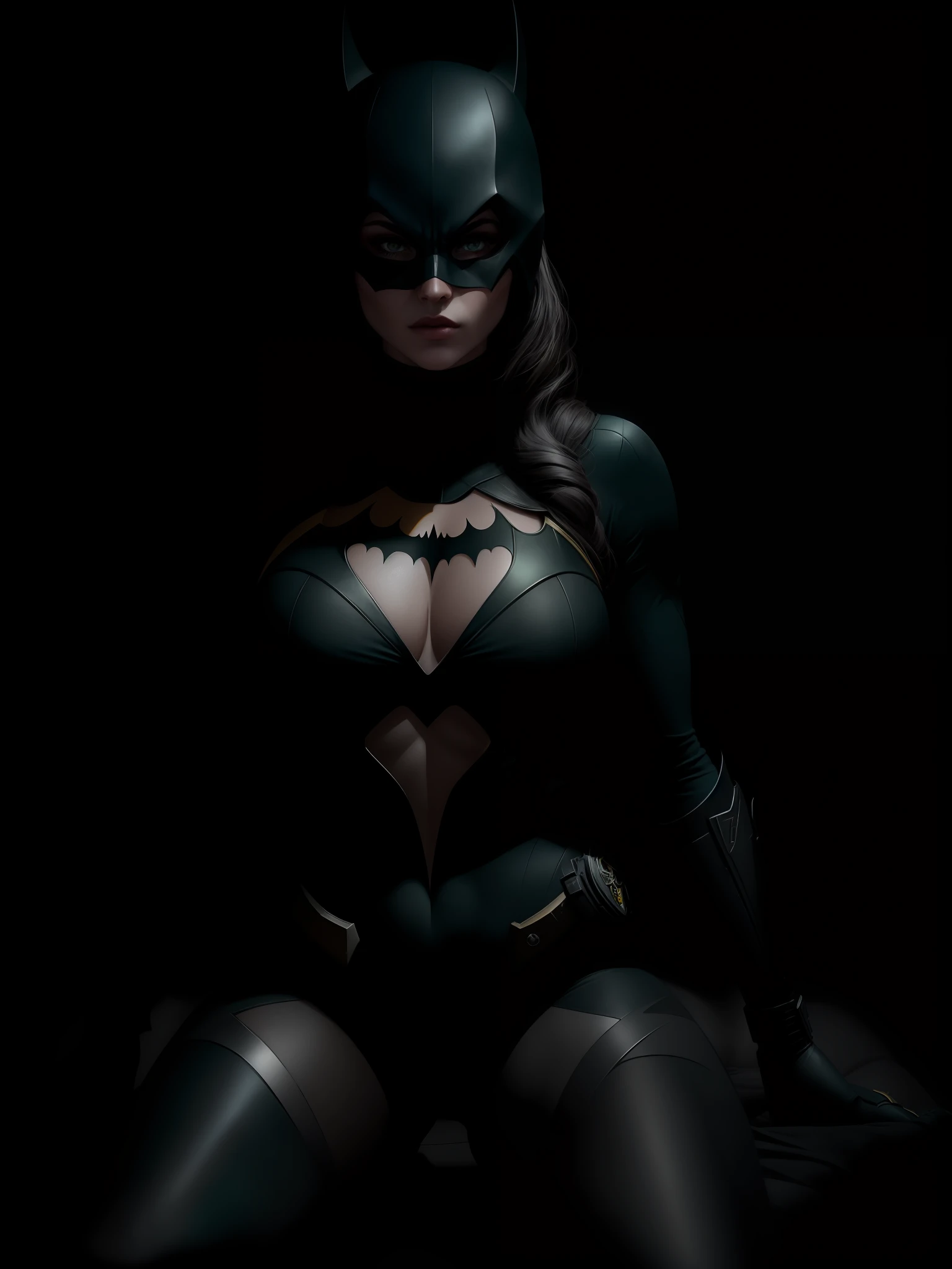 award winning (fullbody shot:1.2) of a beautiful batgirl, mask, green eyes, erotic pose, bodysuit, cleavage, moody and melancholic atmosphere with black background by lee jeffries, nikon d850, film stock, photograph 4 kodak portra 400 camera f1.6 lens, rich colors, hyper realistic, lifelike texture, dramatic lighting, unreal engine, trending on artstation, cinestill 800