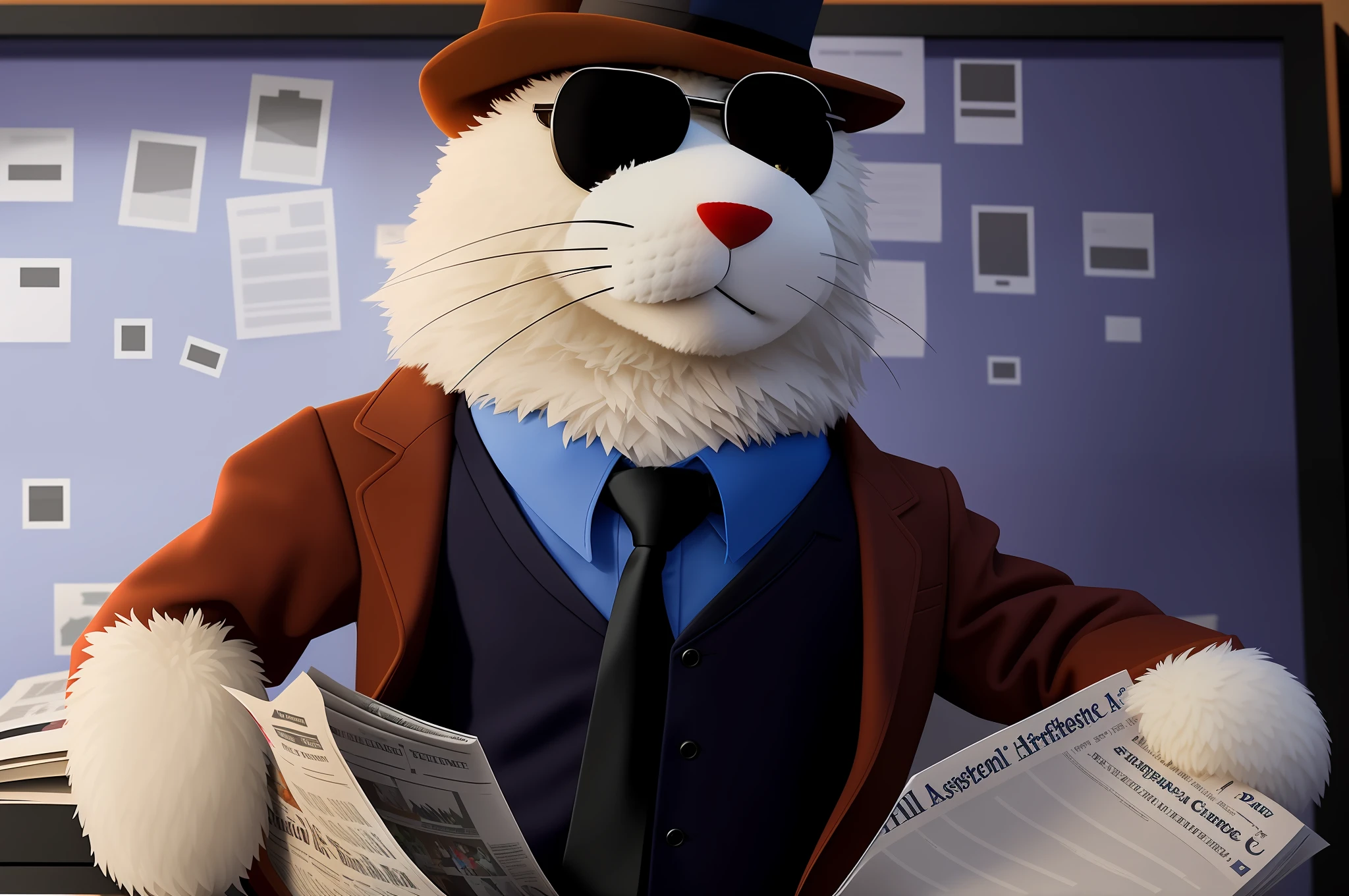 stuffed animal dressed in blue shirt and black tie and brown overcoat holding a newspaper, anthropomorphic cat, an anthropomorphic gangster cat, muppet style