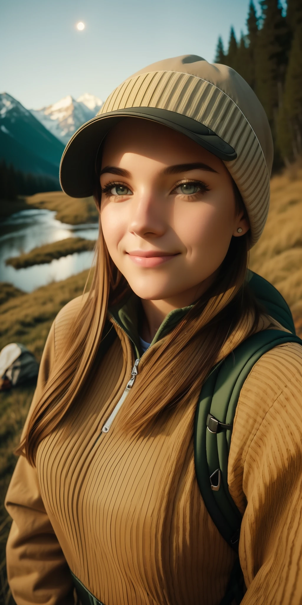 1 woman((upper body selfie, happy)), masterpiece, best quality, ultra-detailed, solo, outdoors, (night), mountains, nature, (stars, moon) cheerful, happy, backpack, sleeping bag, camping stove, water bottle, mountain boots, gloves, sweater, hat, flashlight, forest, rocks, river, wood, smoke, shadows, contrast, clear sky, analog style (look at viewer:1.2) (skin texture) (film grain:1.3), (warm hue, warm tone) :1.2), close up, cinematic light, sidelighting, ultra high res, best shadow, RAW, upper body, wearing pullover