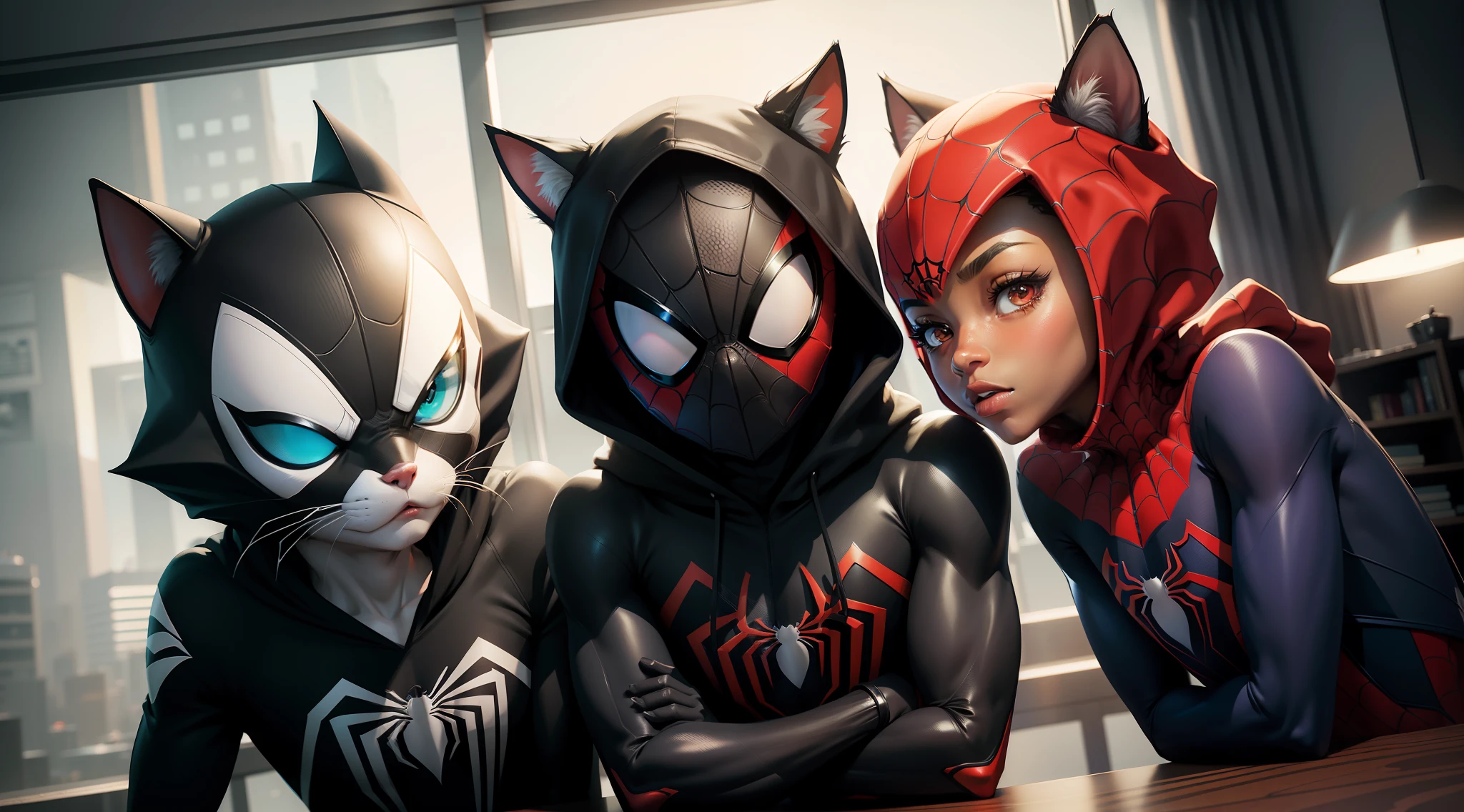 spider cat - spider - man and spider - man in a dark room, spider - verse art style, into the spiderverse, spiderverse, into the spider verse, futuristic style spiderman, miles morales!!!, 3840 x 2160, 3840x2160, miles morales, hq 4k wallpaper, rendered in sfm, super detailed render