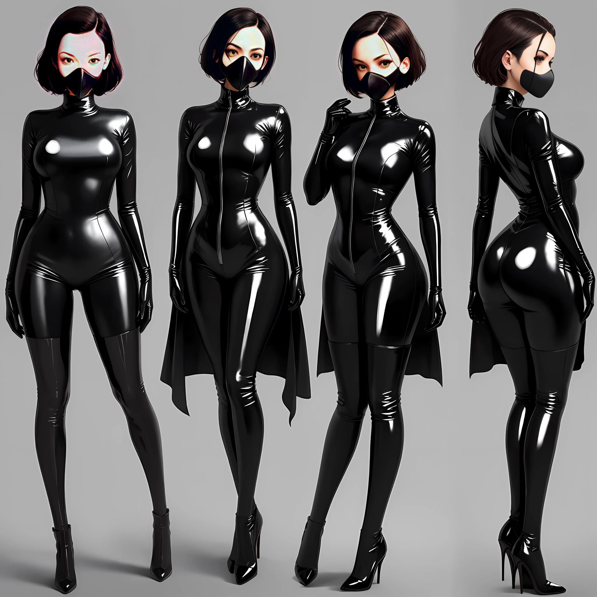 Black latex suit, 1 girl, gas mask, faceless, elbow long gloves, over-the-knee latex socks, high heels, full body, anatomically correct