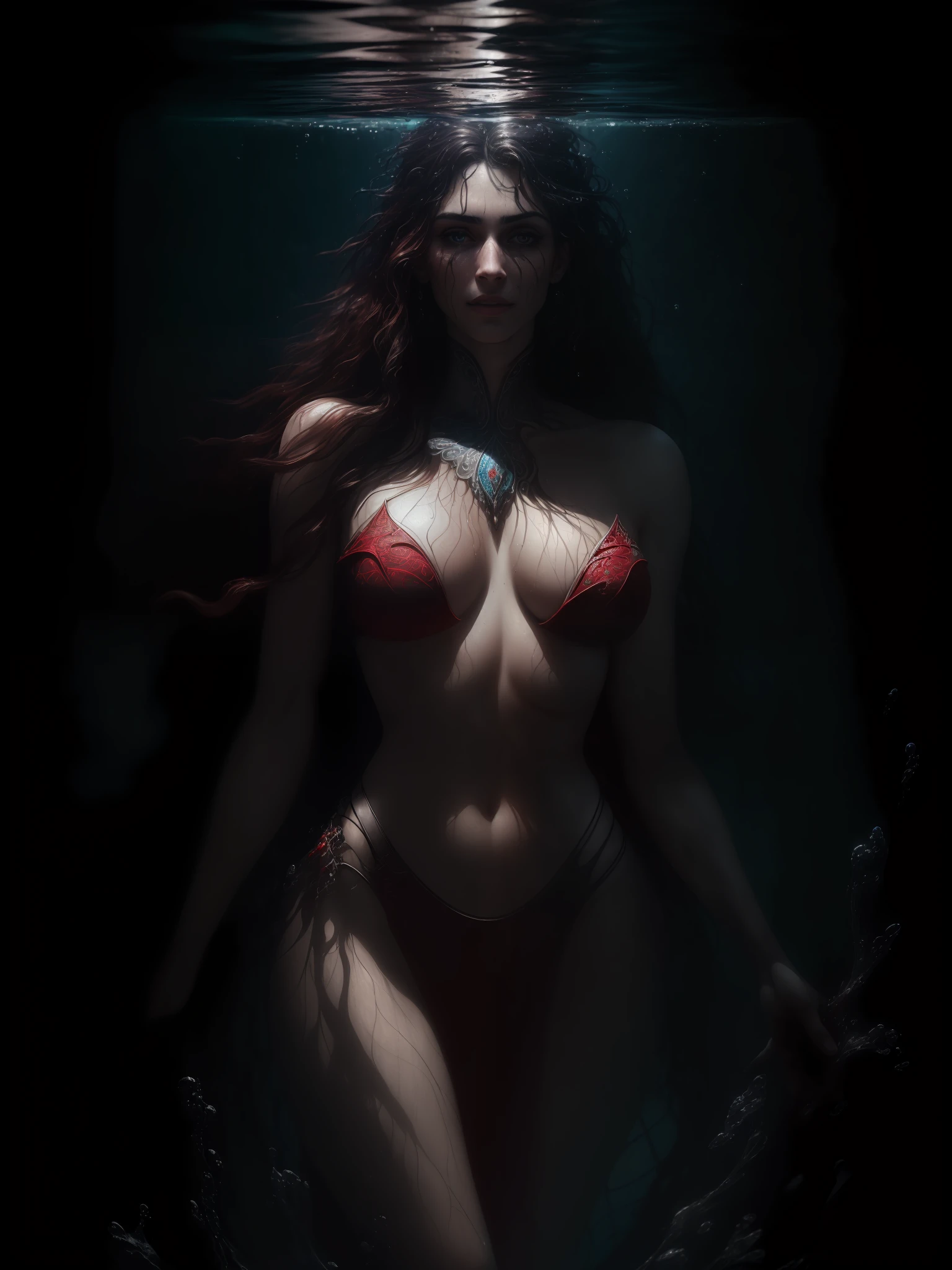 (RAW photo, 4k, high res, realistic,award winning photo, masterpiece, highest quality, extremely intricate, exquisitely detailed skin, :1.3) (Passionate affair), Wet skin, (Wet hair:0.3), messy, ornate,(cowboy shot:1.4),((standing in a glass aqurium,full of water)) ((standing in water))((under water)) solo focus, woman, (red hair:1.3), (medium breasts, )(succubus:1.3),evil grin, ((floating hair)), (absurdly long hair),mole,extremely detailed face,sexy pose, Underwater portrait, by lee jeffries nikon d850 film stock photograph 4 kodak portra 400 camera f1.6 lens rich colors hyper realistic lifelike texture dramatic lighting unrealengine trending on artstation cinestill 800, (rim lighting:1.3), (dimly lit:1.3), (dark night:1.3), high contrast, deepshadows, dynamiclight, highsaturation, fantasy,finely detailed background,