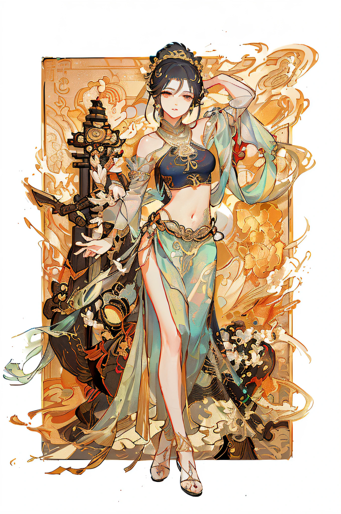 arafed image of a woman in a belly dance costume, alphonse mucha and rossdraws, by Yang J, inspired by Fenghua Zhong, full color illustration, a beautiful fantasy empress, inspired by Lan Ying, by Shen Zhou, a beautiful artwork illustration, by Qu Leilei, by Yan Hui, by Zeng Jing, by Lu Guang