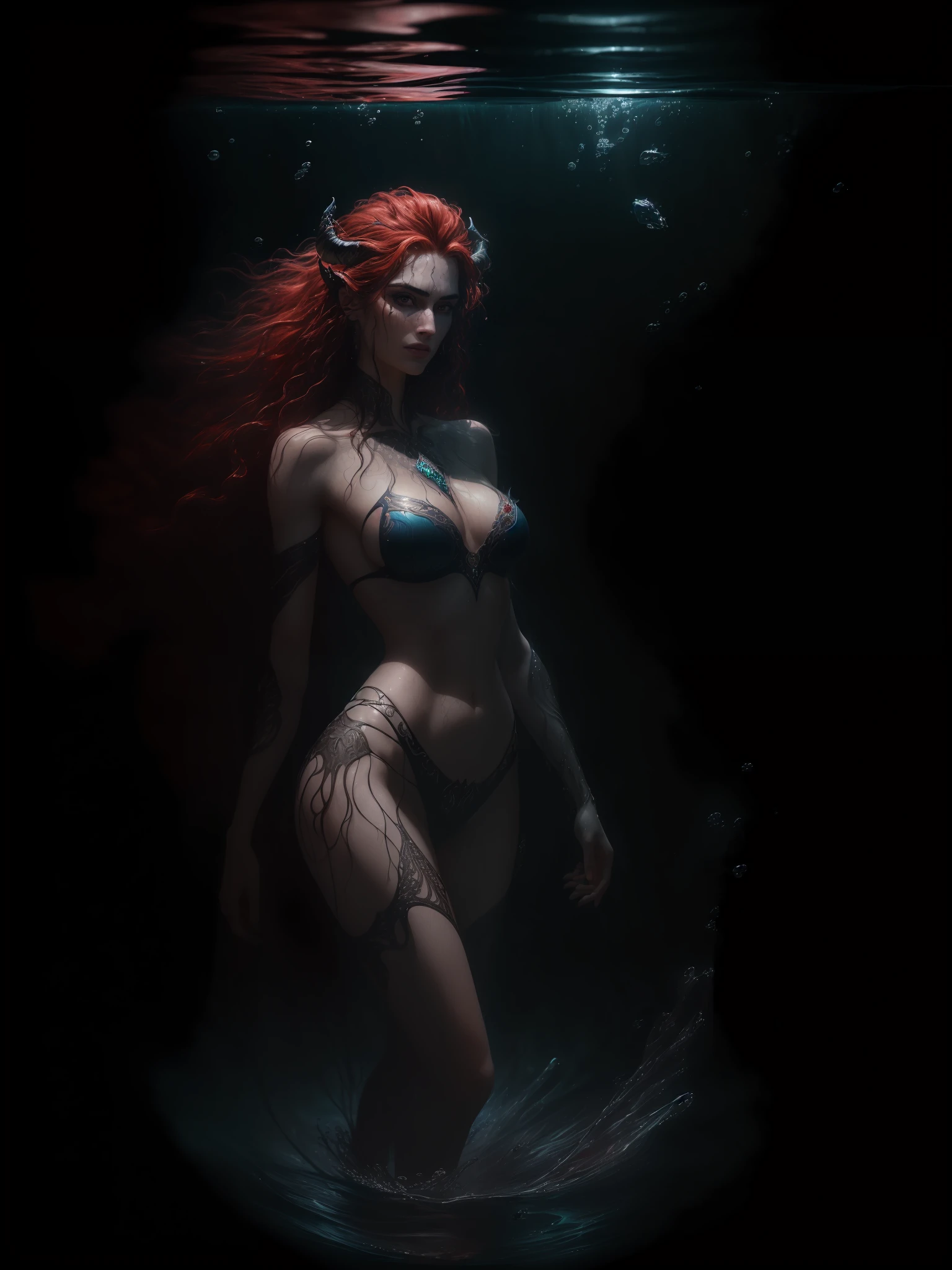 (RAW photo, 4k, high res, realistic,award winning photo, masterpiece, highest quality, extremely intricate, exquisitely detailed skin, :1.3) (Passionate affair), Wet skin, (Wet hair:0.3), messy, ornate,(cowboy shot:1.4),((standing in a glass aqurium,full of water)) ((standing in water))((under water)) solo focus, woman, (red hair:1.3), (medium breasts, )(succubus:1.3),evil grin, ((floating hair)), (absurdly long hair),mole,extremely detailed face,sexy pose, Underwater portrait, by lee jeffries nikon d850 film stock photograph 4 kodak portra 400 camera f1.6 lens rich colors hyper realistic lifelike texture dramatic lighting unrealengine trending on artstation cinestill 800, (rim lighting:1.3), (dimly lit:1.3), (dark night:1.3), high contrast, deepshadows, dynamiclight, highsaturation, fantasy,finely detailed background,