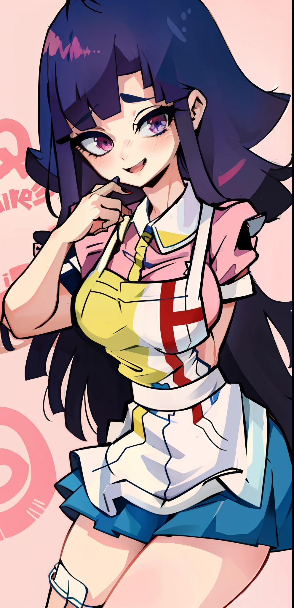1girl, solo, messy hair, bandages, apron, shirt, short sleeves, bandaged leg, puffy sleeves, pink shirt, official style, blue skirt, smile, puffy short sleeves, pleated skirt, bandaged arm, white apron, collared shirt, classroom, yandere, large breast,close up, selfie